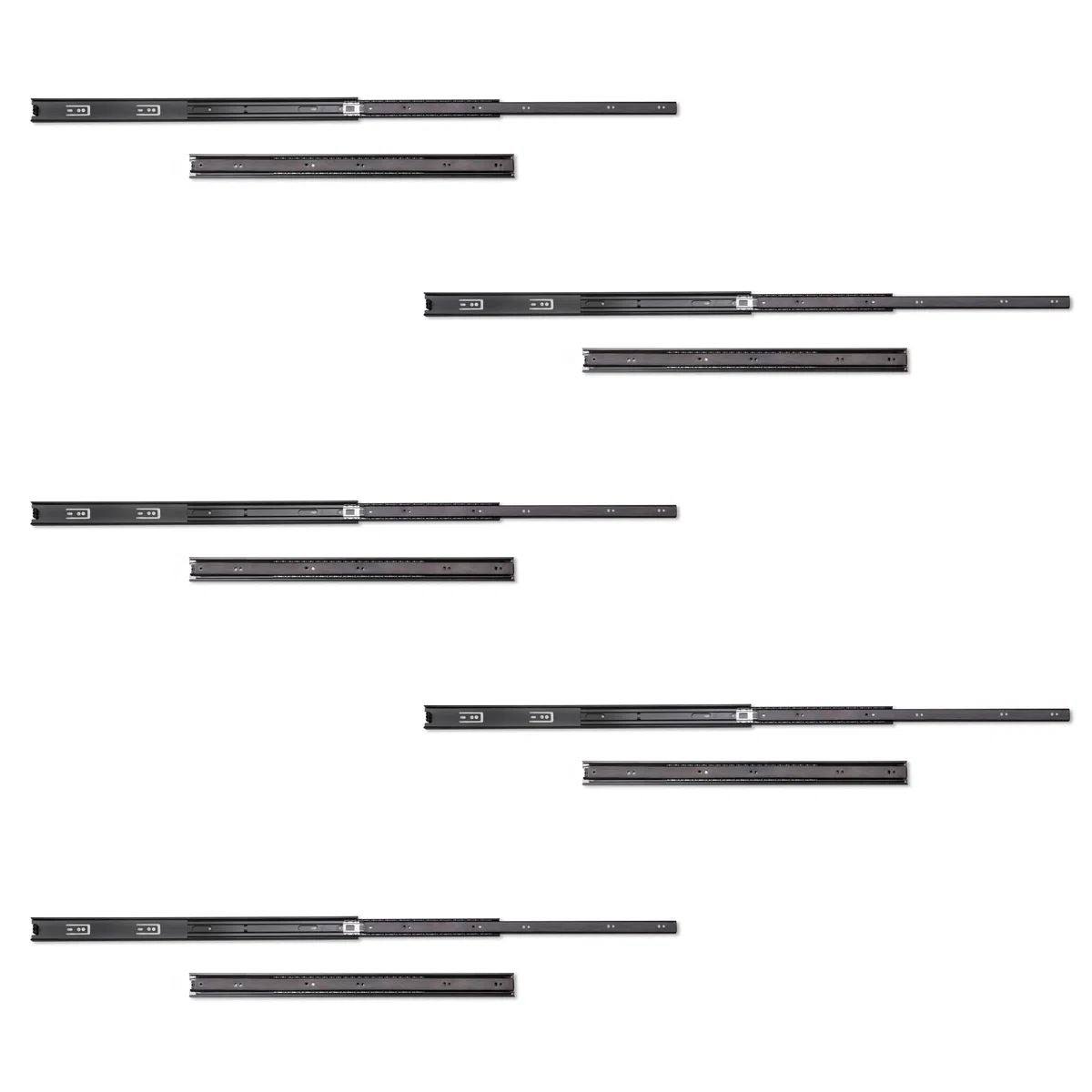 Emuca - Juego de guías correderas a bolas de extracción total 45mm x 600mm para cajón, negro, Lote de 5