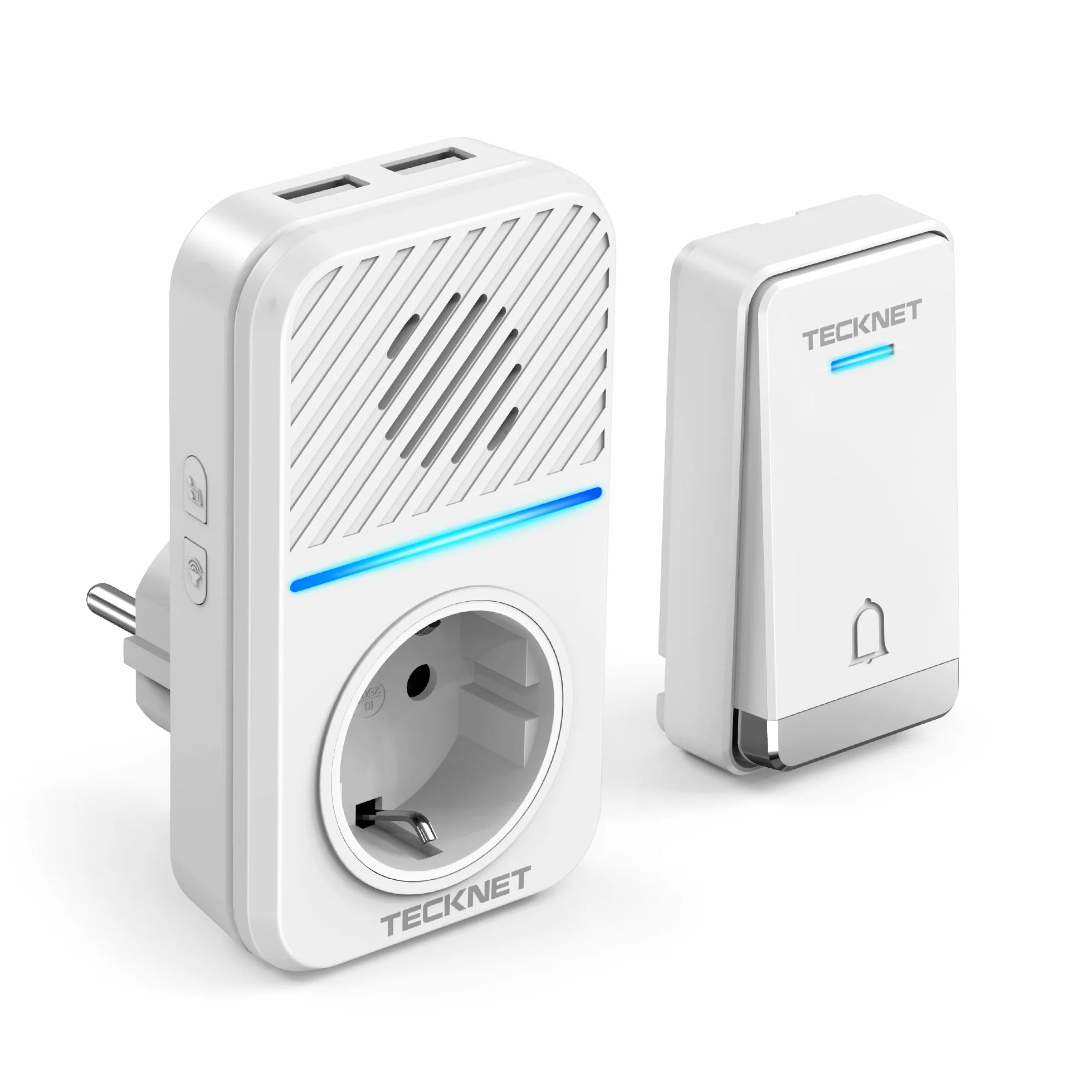 TECKNET Timbre Inalámbrico, 400M Timbre Inalámbrico Autoalimentado, IP65 Timbre Electrónico Impermeable, Kit de Timbre con Tomas USB Externas y Luz LED, 60 Melodías, 5 Niveles de Volumen