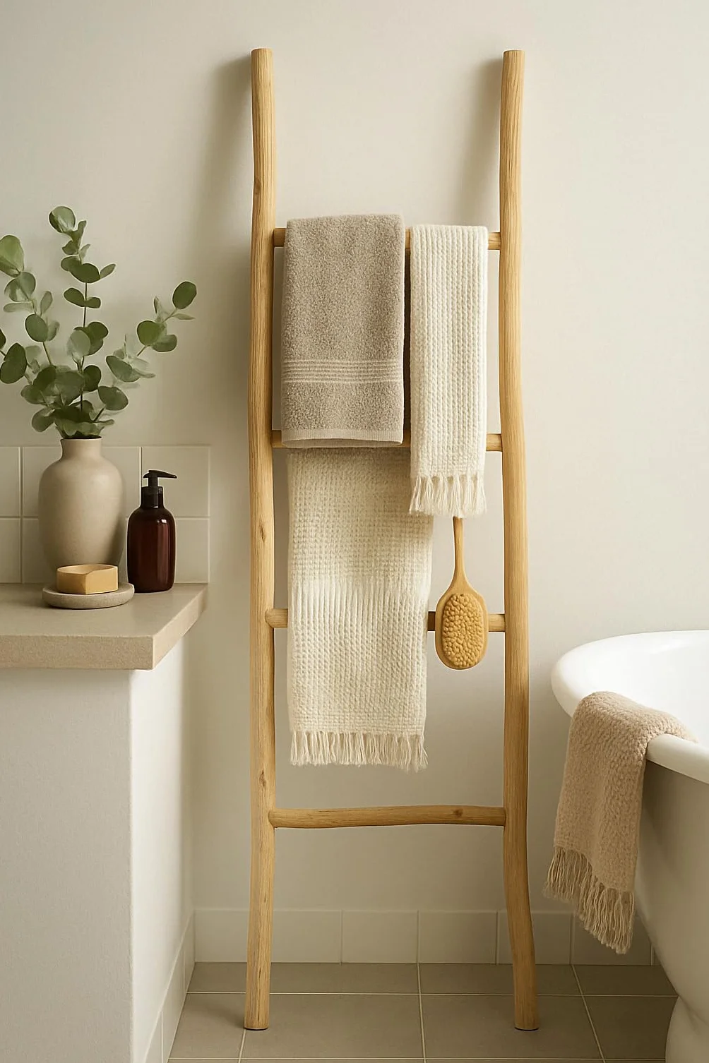 Escalera toallero baño 128 x 32 x 3 – Toallero de bambú decorativa