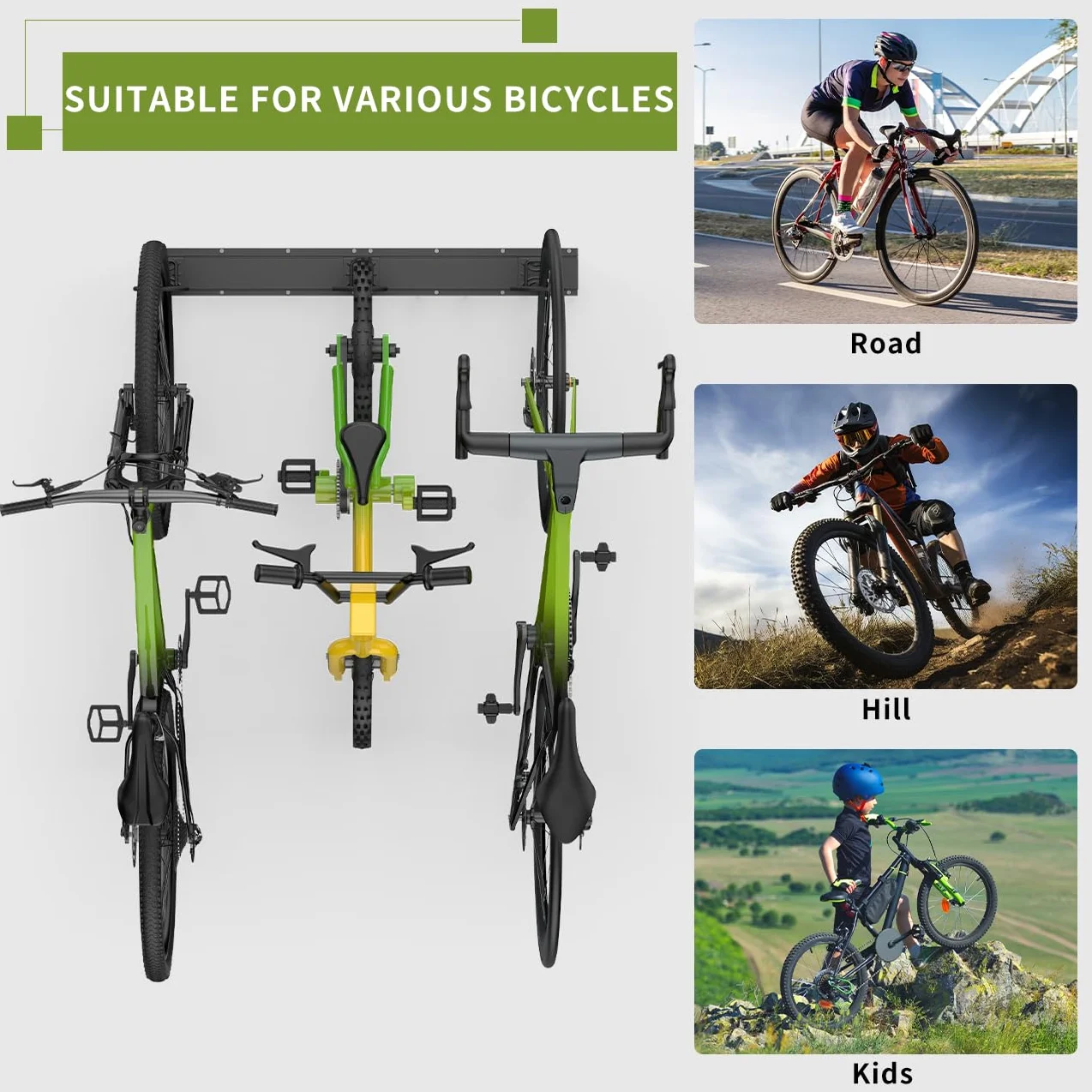Housolution Soporte de Pared para Bicicleta, Estante de Almacenamiento de Bicicleta 32 Pulgadas, Ganchos para 4 Bicicletas + 3 Cascos hasta 300 Libras Acero Sólido Aparcabicicletas para Garaje, Negro