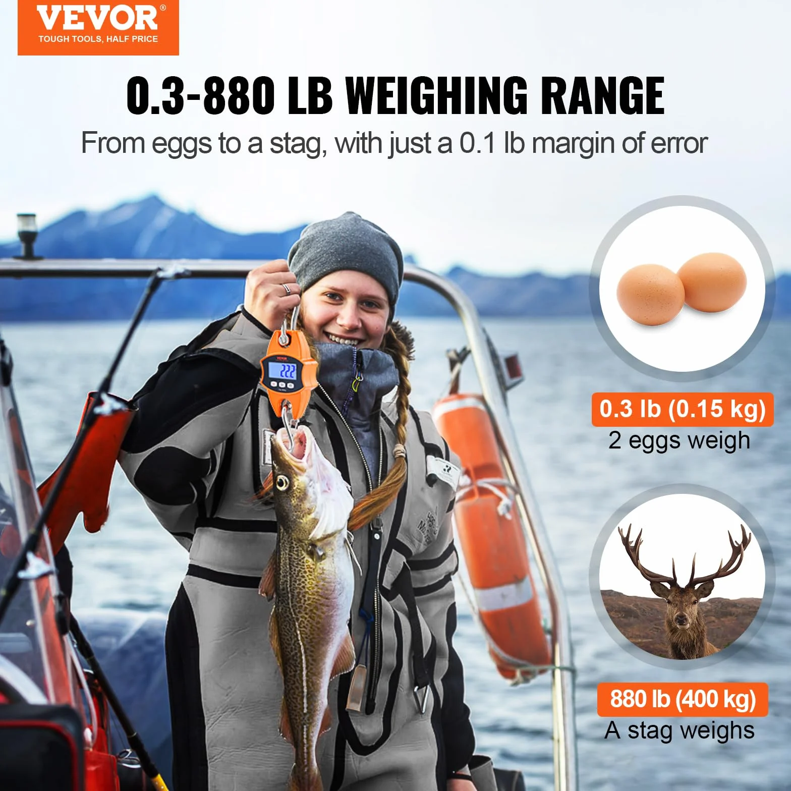 VEVOR Báscula Colgante Industrial 400 kg Báscula de Grúa Digital Carcasa de Aluminio Fundido Pantalla LCD Mini Báscula de Gancho Alta Precisión para Granja, Caza, Pesca, Garaje al Aire Libre, Naranja