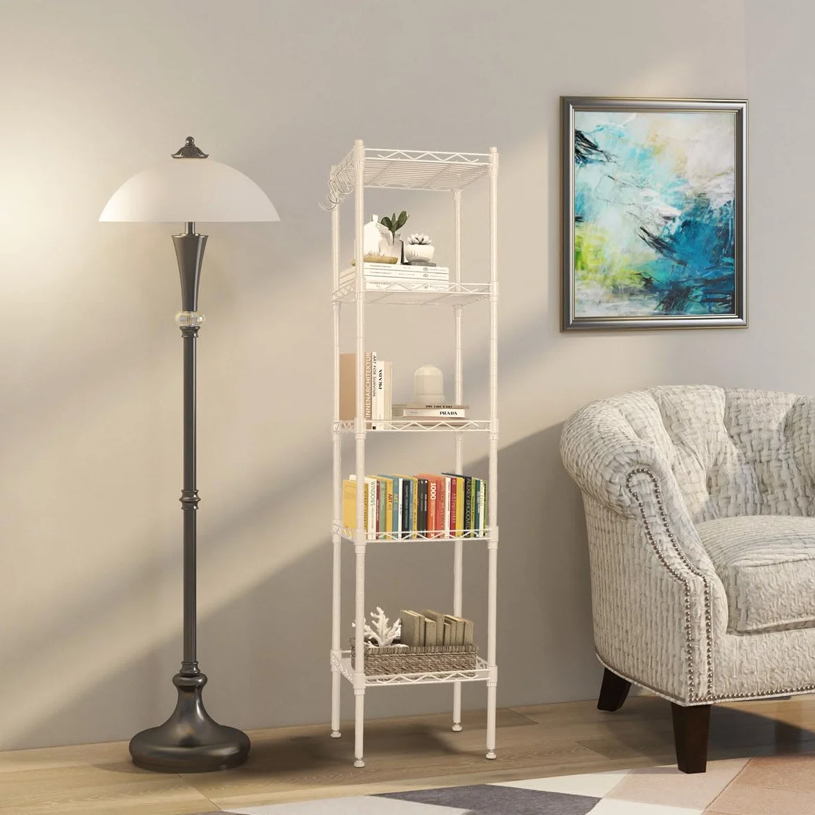 Estantería metálica blanca 5 baldas ajustables con ganchos laterales | 145x30x30cm | Estante almacenamiento resistente para cocina, despensa, baño, garaje u oficina | Montaje fácil sin tornillos