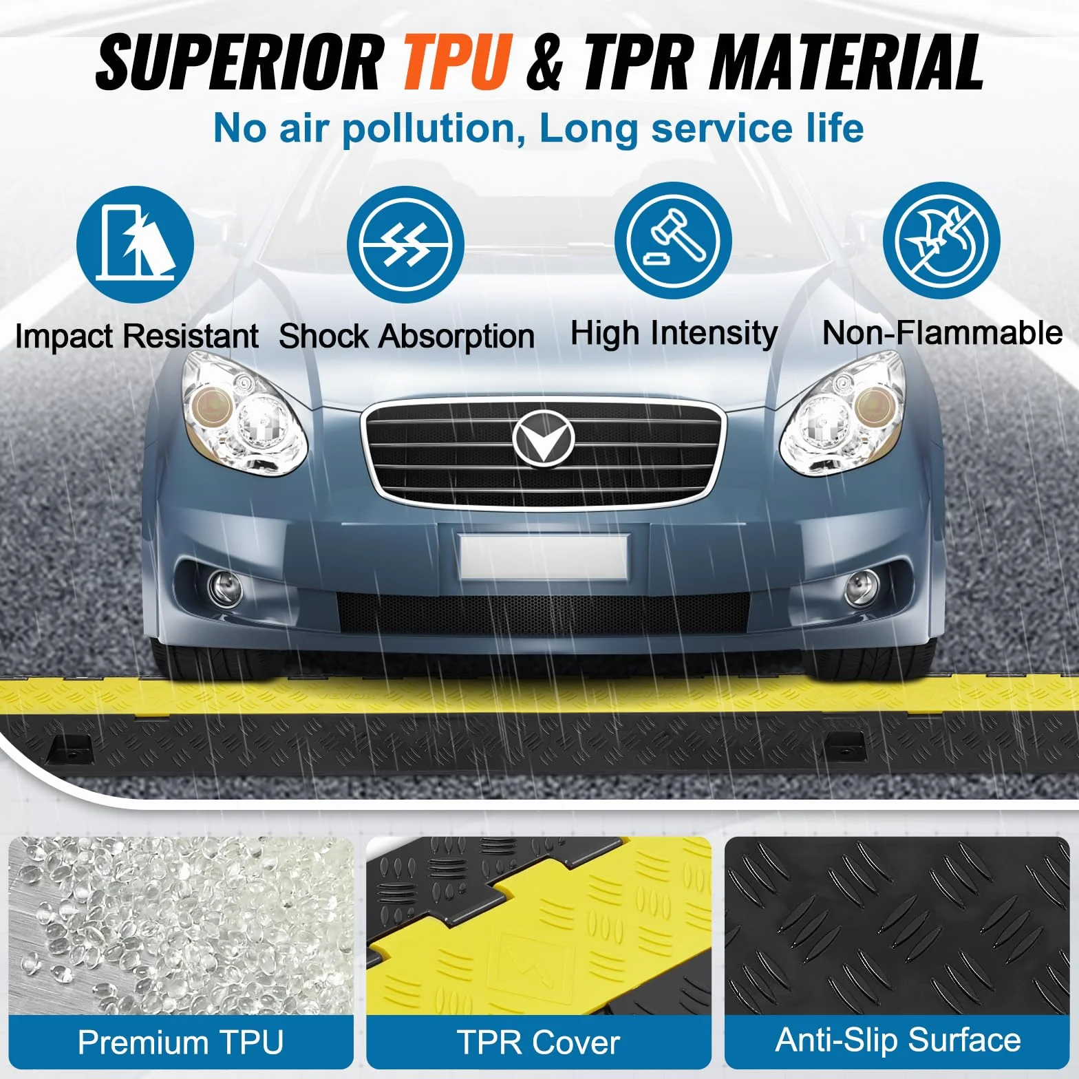 VEVOR Rampa de Protección de Cable 1 Pieza 2 Vías Canaleta Pasacables de Suelo 3,05 x 2,79 cm Protector de Cables de TPU y TPR Carga de 10,000 kg/Eje Cubiertas de Suelo para Cables Negro y Amarillo