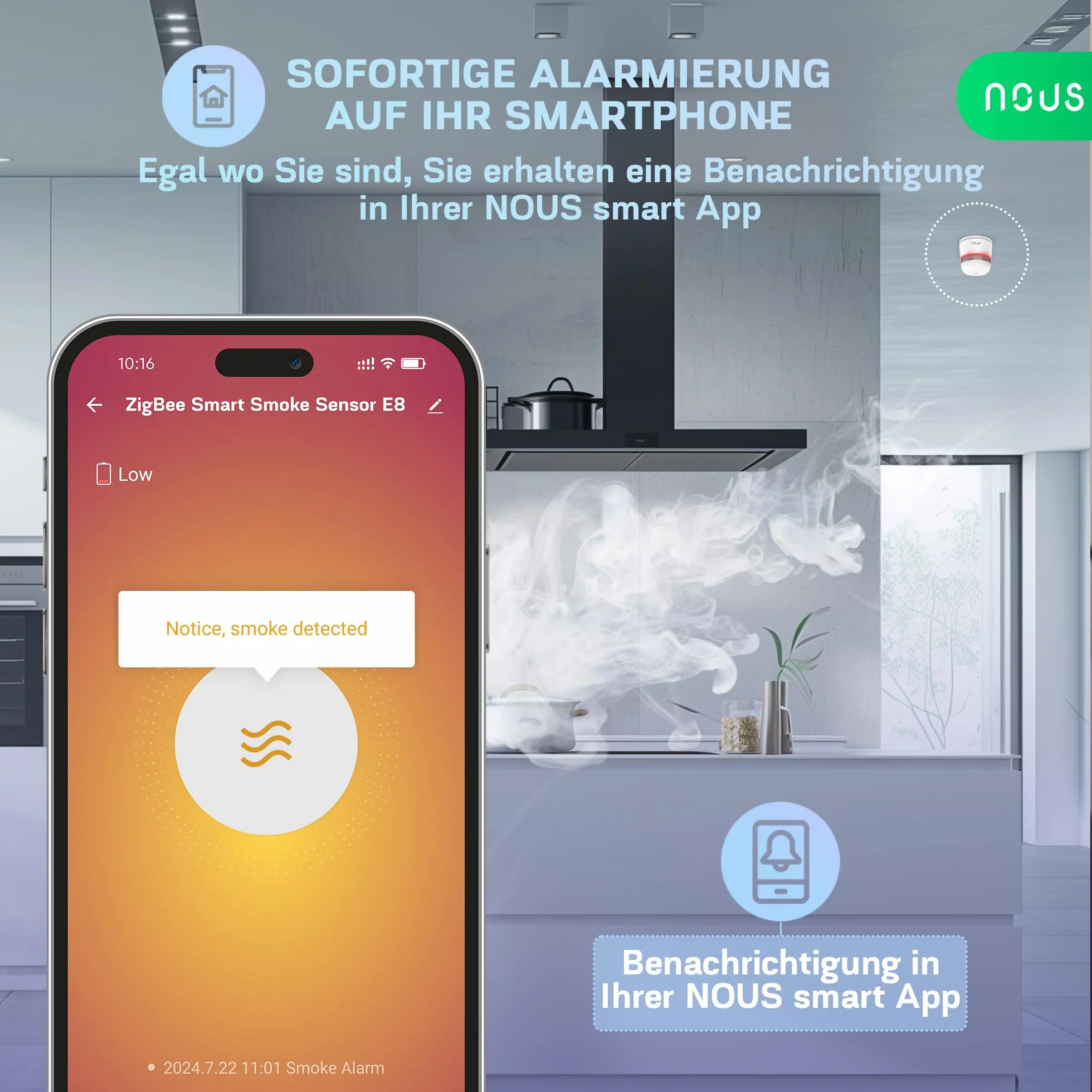 Zigbee Detector Inteligente, Detector de Incendios Fotoeléctrico con Control Mediante App, Señal de Alarma de 85dB, 3 Años Batería, Compatible con Alexa, Google Assistant, para Hogares y Oficinas