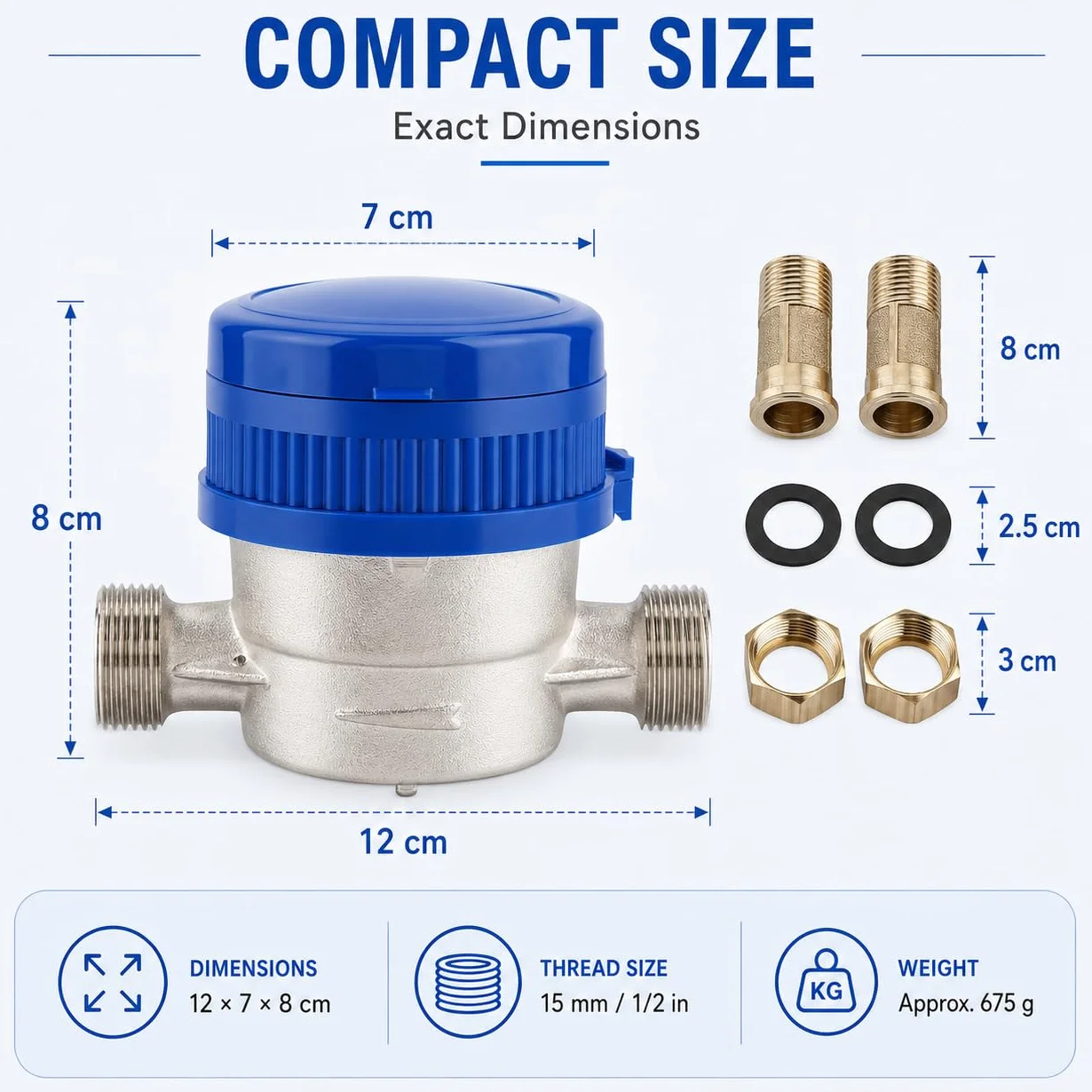 1/2" Contador De Agua Fría, Medidor De Agua Mecánico para Casa Y Jardín, Medidor De Flujo De Agua Mecánico Doméstico Medidor De Consumo De Agua Caudalimetro Agua con Accesorios De Montaje