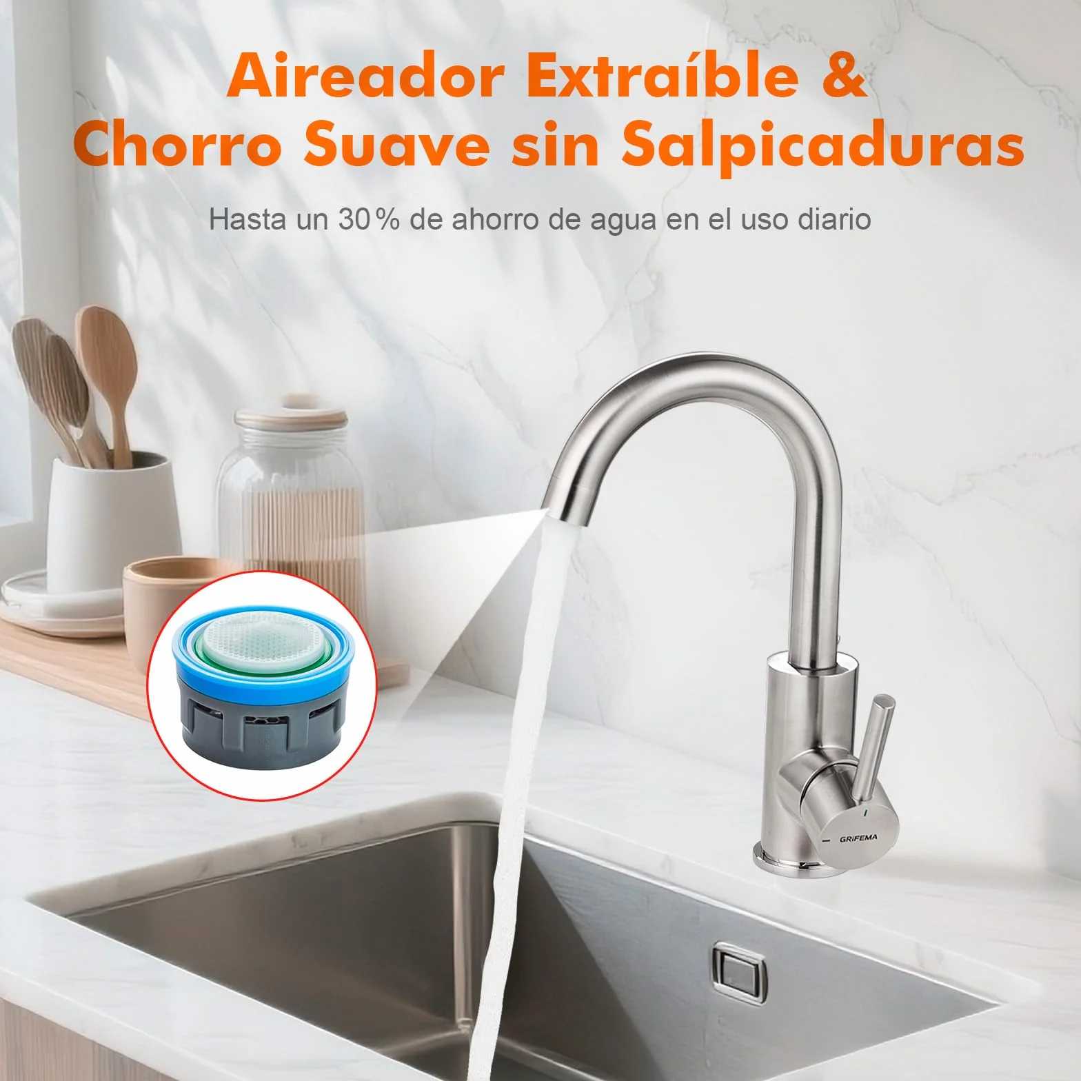GRIFEMA Grifo Lavabo Alto 180 mm, Caño Giratorio 360° - Acero Inoxidable Cepillado, Cartucho Cerámico, Monomando con Mangueras G3/8″, G1002A