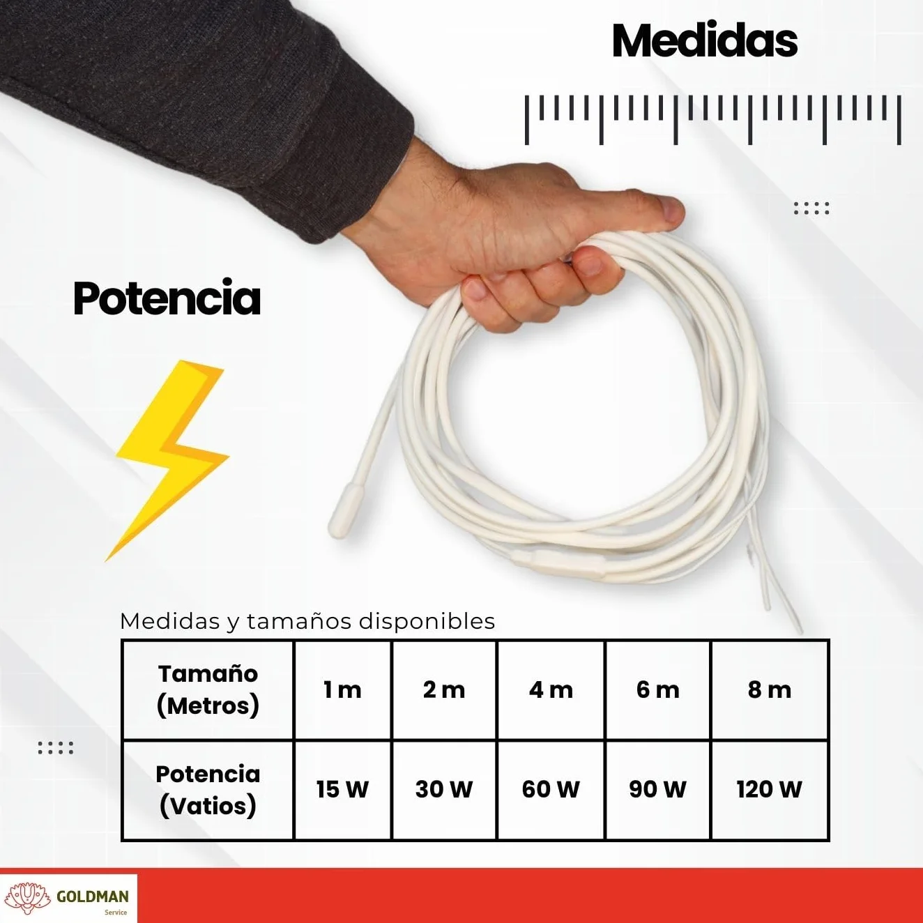 GOLDMAN SERVICE | Cable Calefactor Resistencia Bipolar de Silicona Anti Congelación Tuberías | 4 Metros, 60 Vatios | Incubadoras, Acuarios, Reptiles, Invernaderos, Fermentación (4 m | 60W)