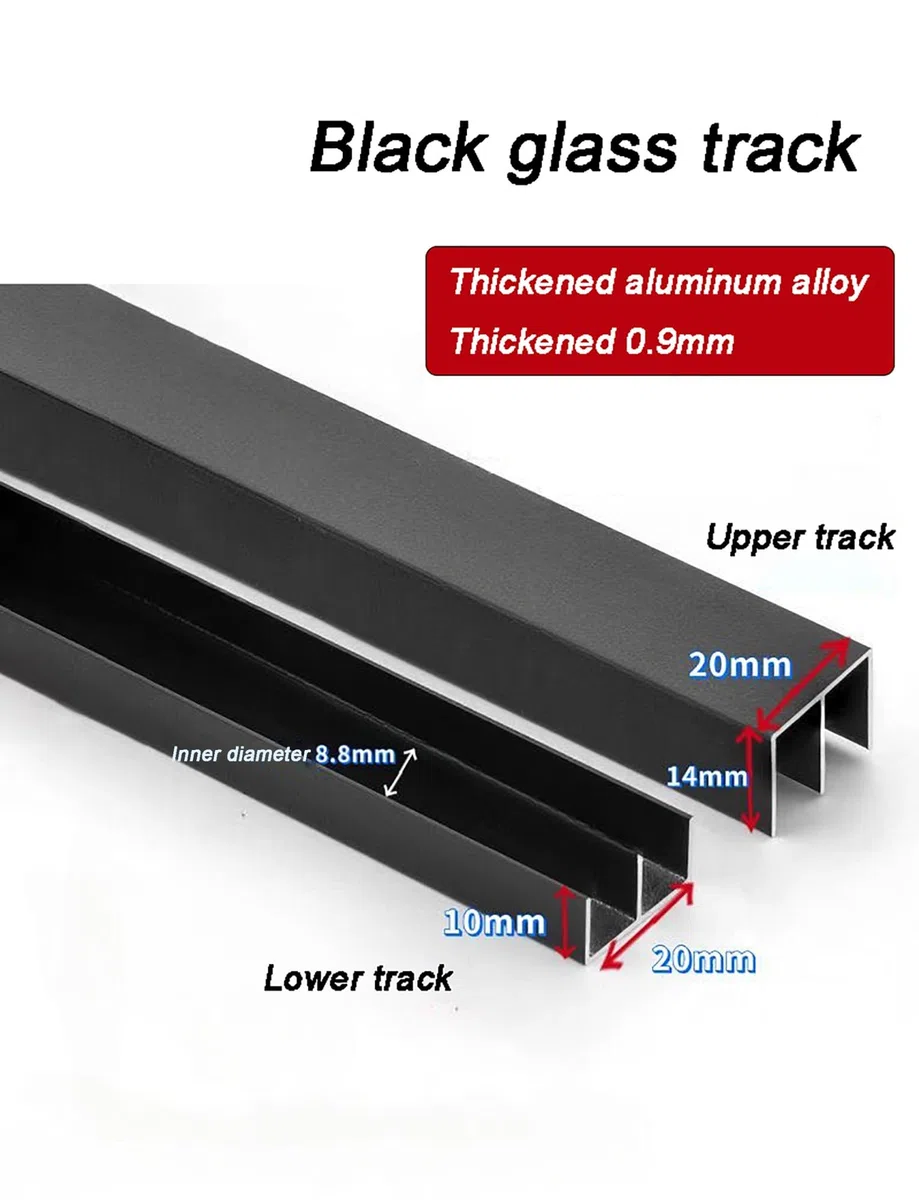 Riel para Puerta corrediza de Vidrio de 5 mm - Riel Deslizante Negro para gabinete con Kit de Rodillos para estantería y Vitrina (110 cm)