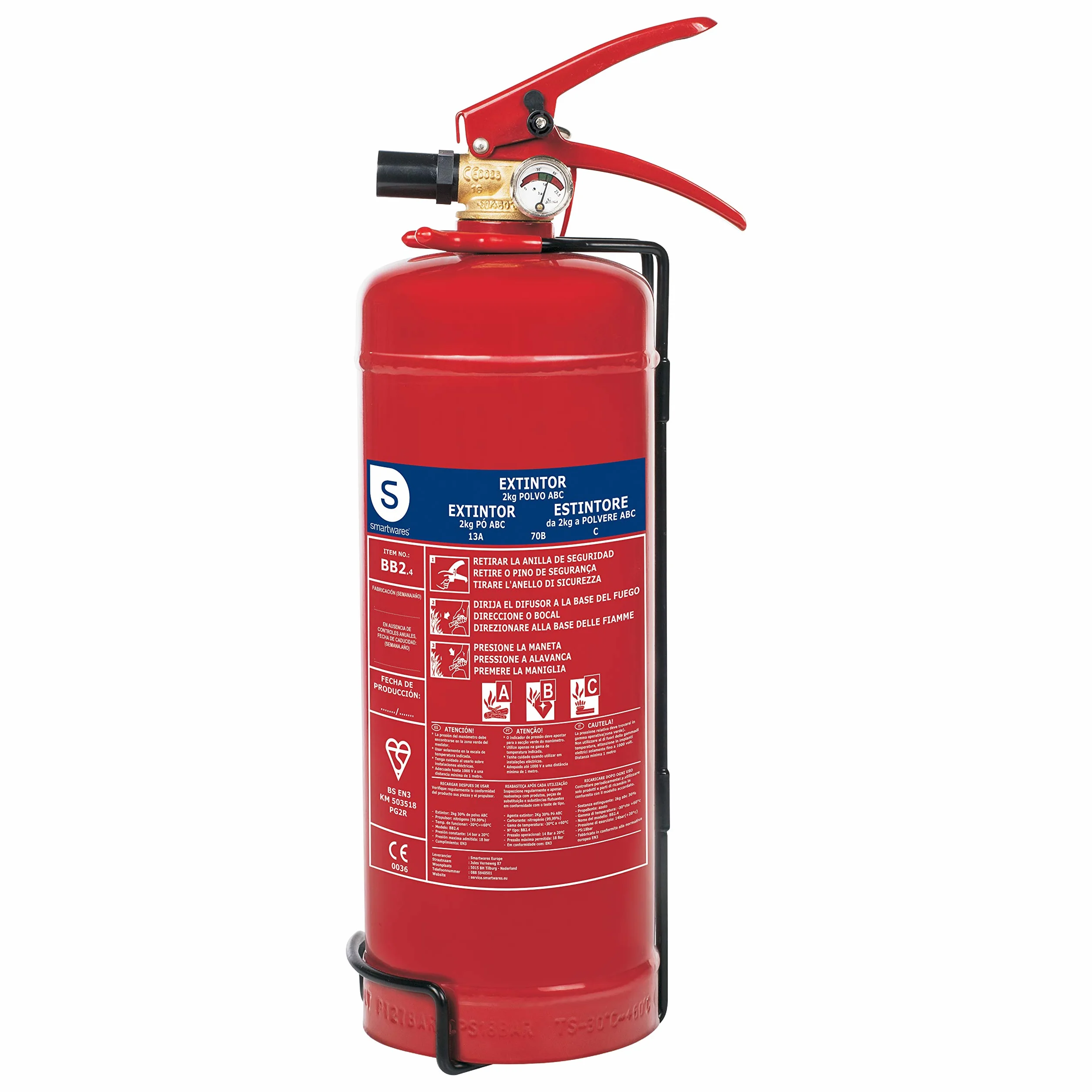 Smartwares Extintor de Polvo 2 kg para Fuegos ABC con Soporte de Montaje