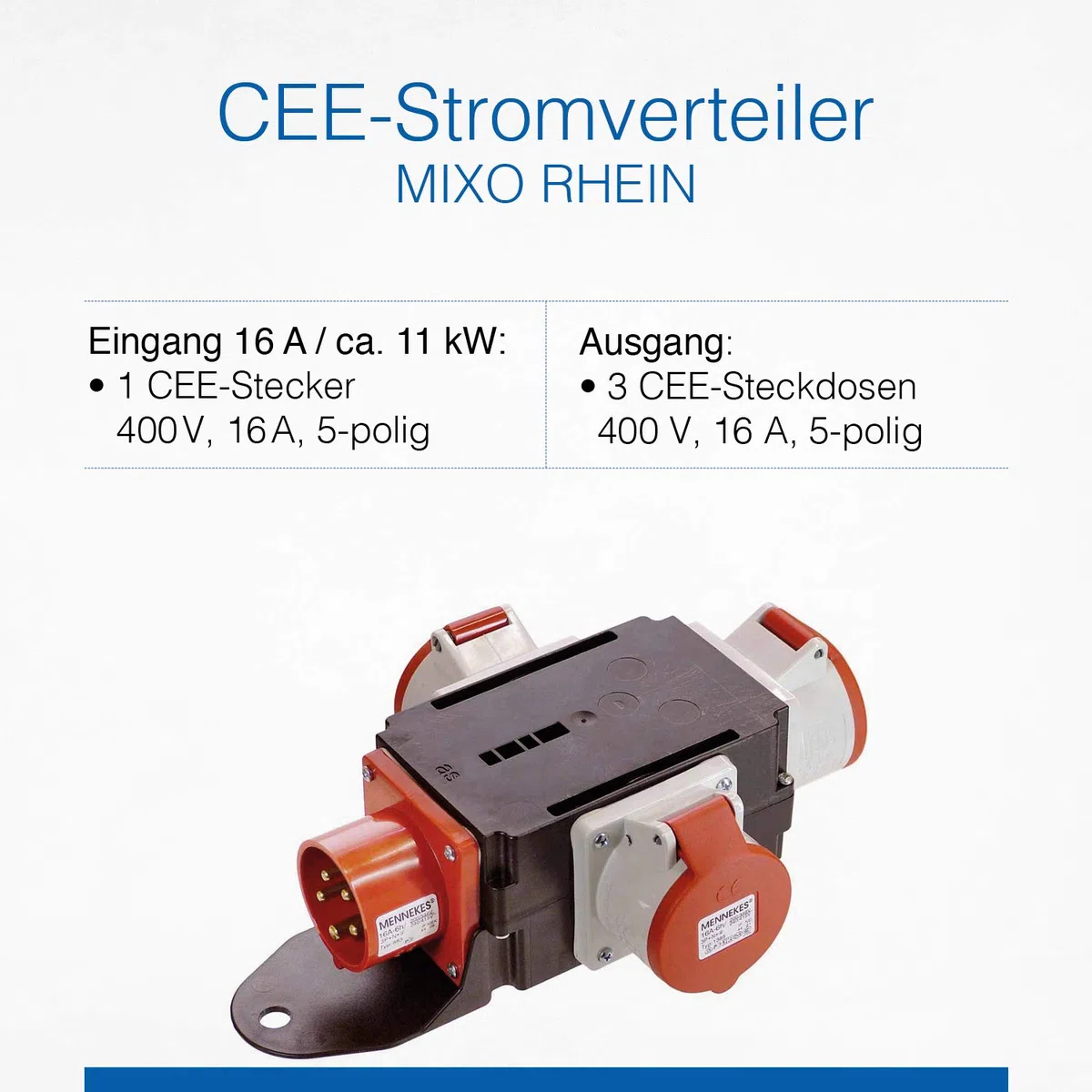 as - Schwabe MIXO Adaptador/Distribuidor de corriente RHEIN - Enchufe CEE de 5 polos a 3 tomas CEE de 5 polos - Robusto distribuidor de corriente para obras - IP44 I 60531