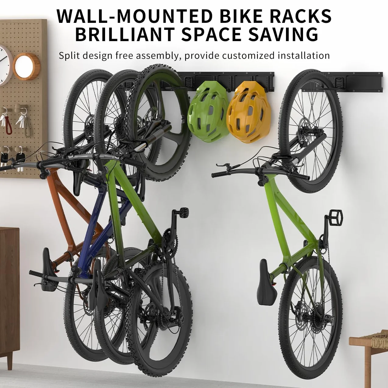 Housolution Soporte de Pared para Bicicleta, Estante de Almacenamiento de Bicicleta 32 Pulgadas, Ganchos para 4 Bicicletas + 3 Cascos hasta 300 Libras Acero Sólido Aparcabicicletas para Garaje, Negro