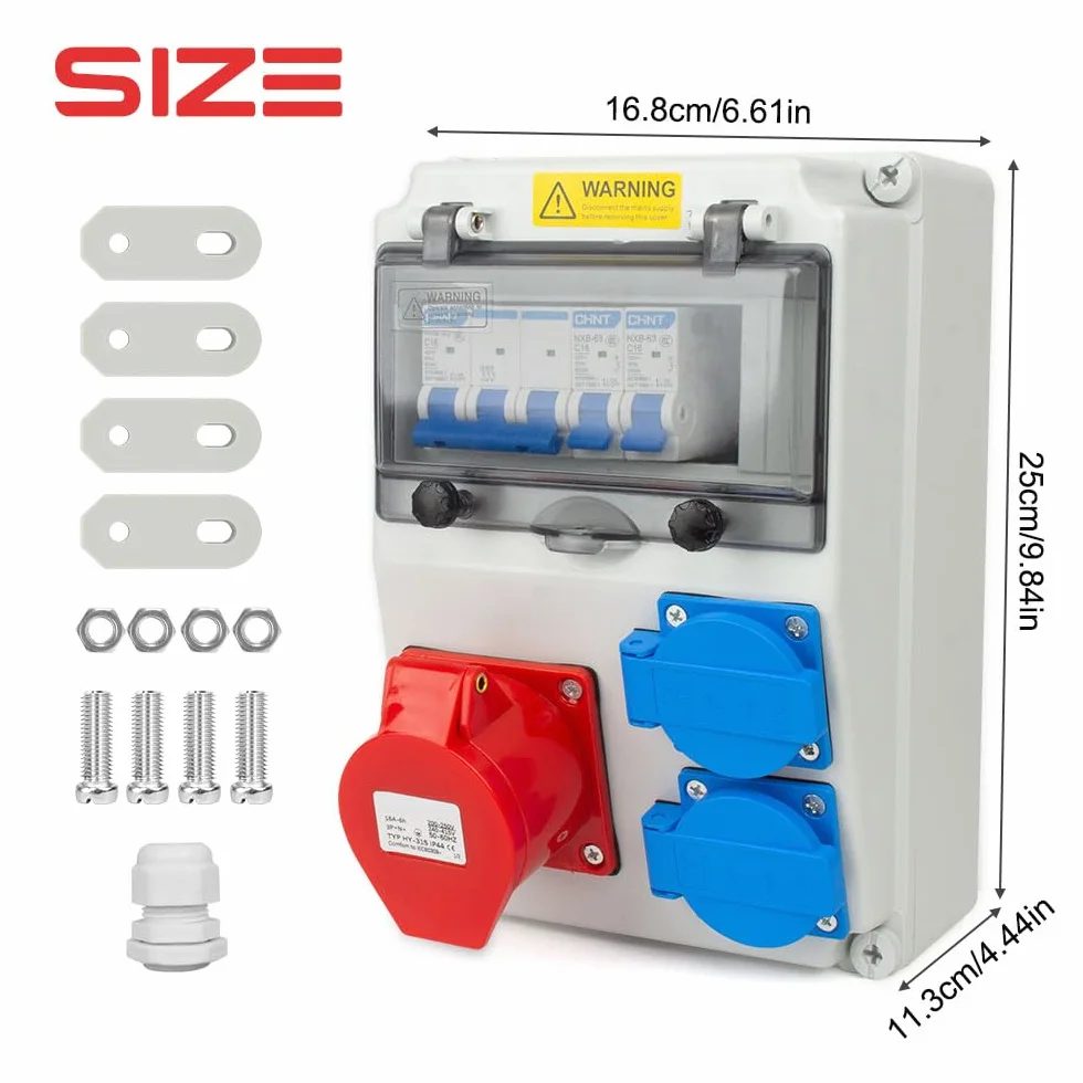 Distribuidor de Corriente 16A, Distribuidor de Corriente para Obras con Interruptor Ls, Tomas 2x230V y 1xCEE 16A con Cable, Tablero Eléctrico para Exteriores, IP44