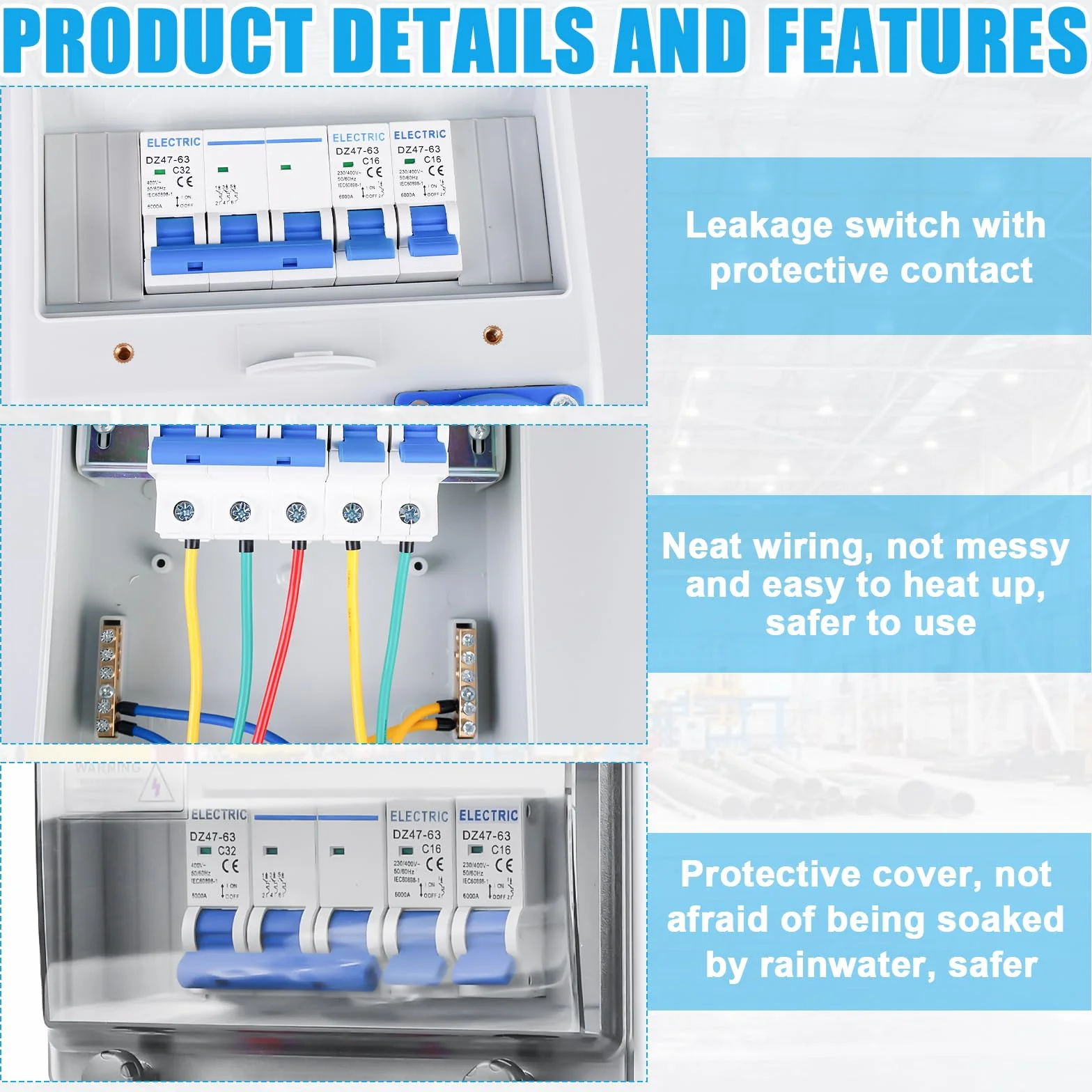 Caja de distribución, distribuidor de corriente para obra, distribuidor de pared, con interruptor automático, 2 tomas Schuko y CEE 16A, distribuidor de corriente impermeable, completamente