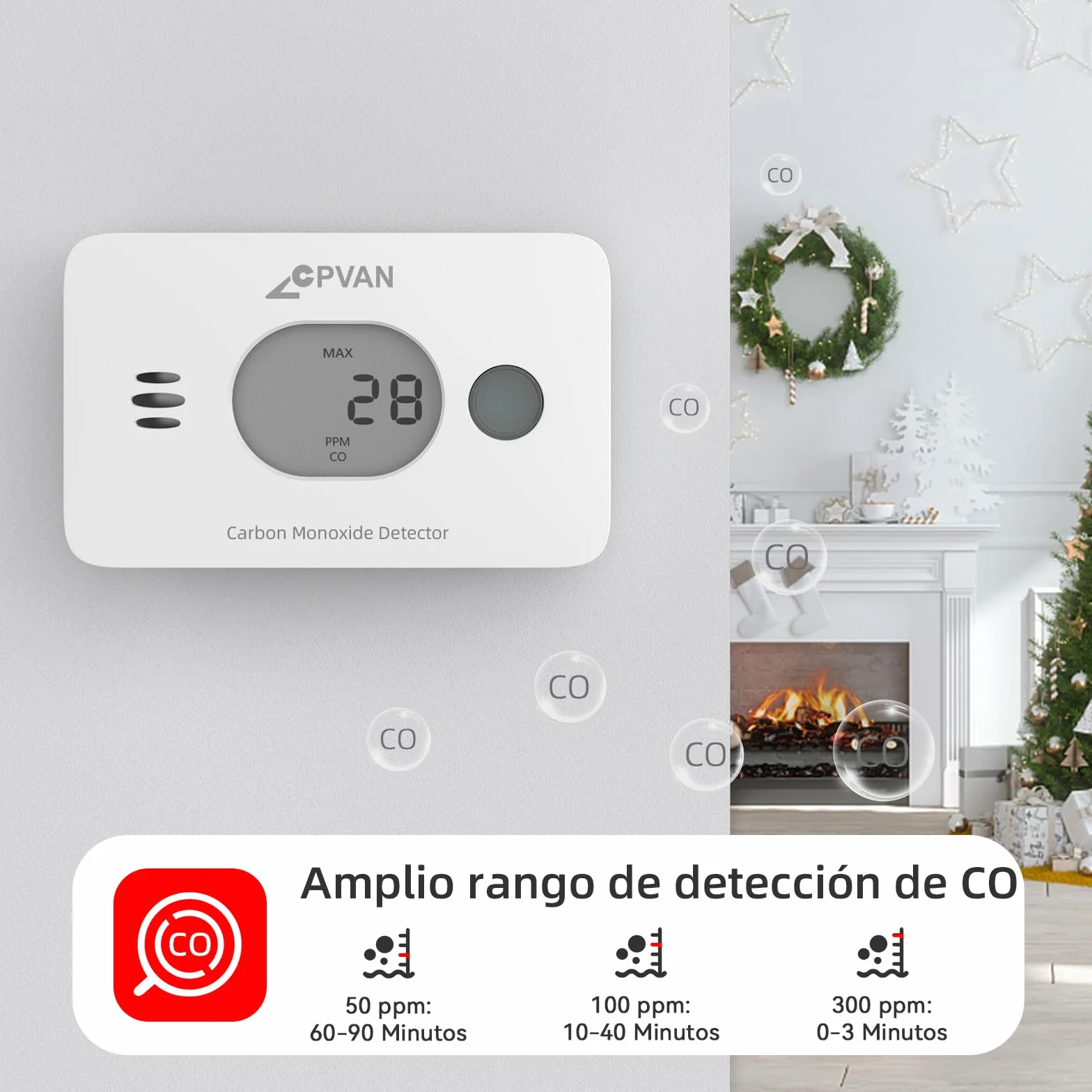 CPVAN Detector de Monóxido de Carbono 3 en 1, 10 Años CO Gas Alarma con Batería Reemplazable, Detector de CO con Temperatura y Humedad, Norma Europea EN50291