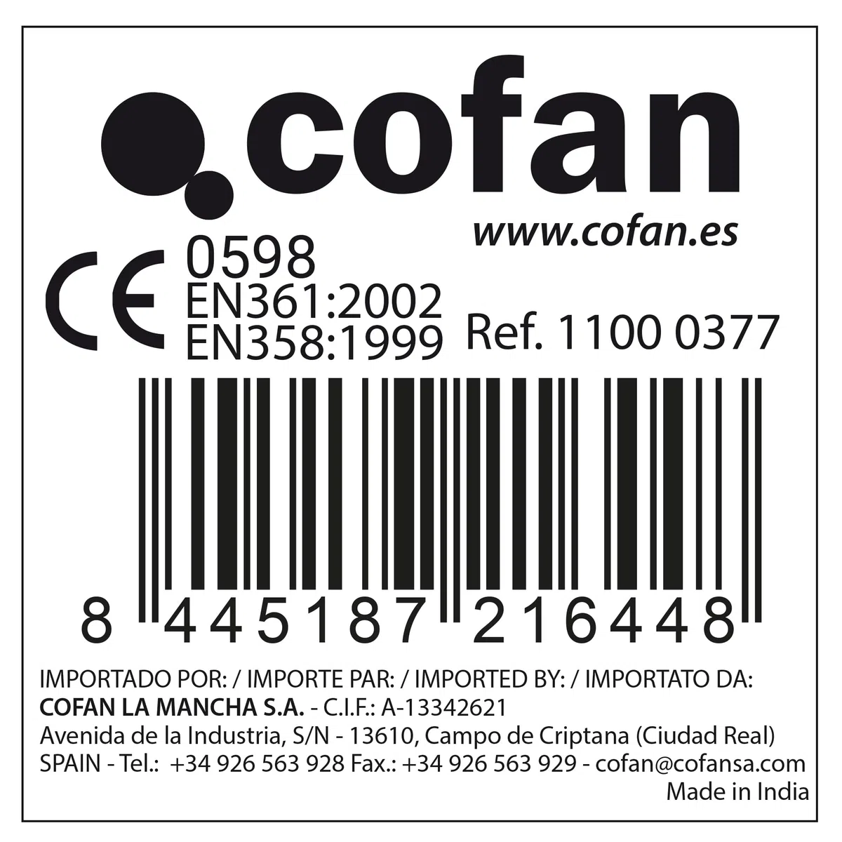 Cofan Arnés Anticaídas | Con Cinturón de Posicionamiento de Trabajo | 2 Puntos de Enganche | Talla Única Estándar