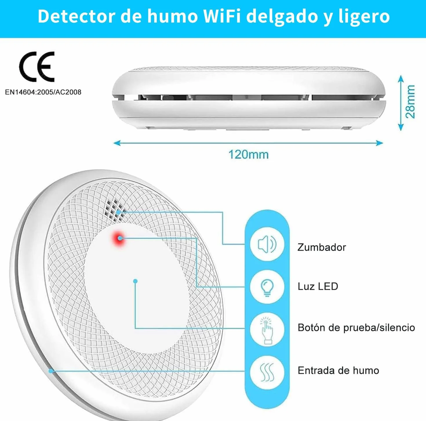 Detector de Humo Inteligente Wi-Fi, batería 10 años, EN 14604, 1 Pieza, App Tuya/Smart Life