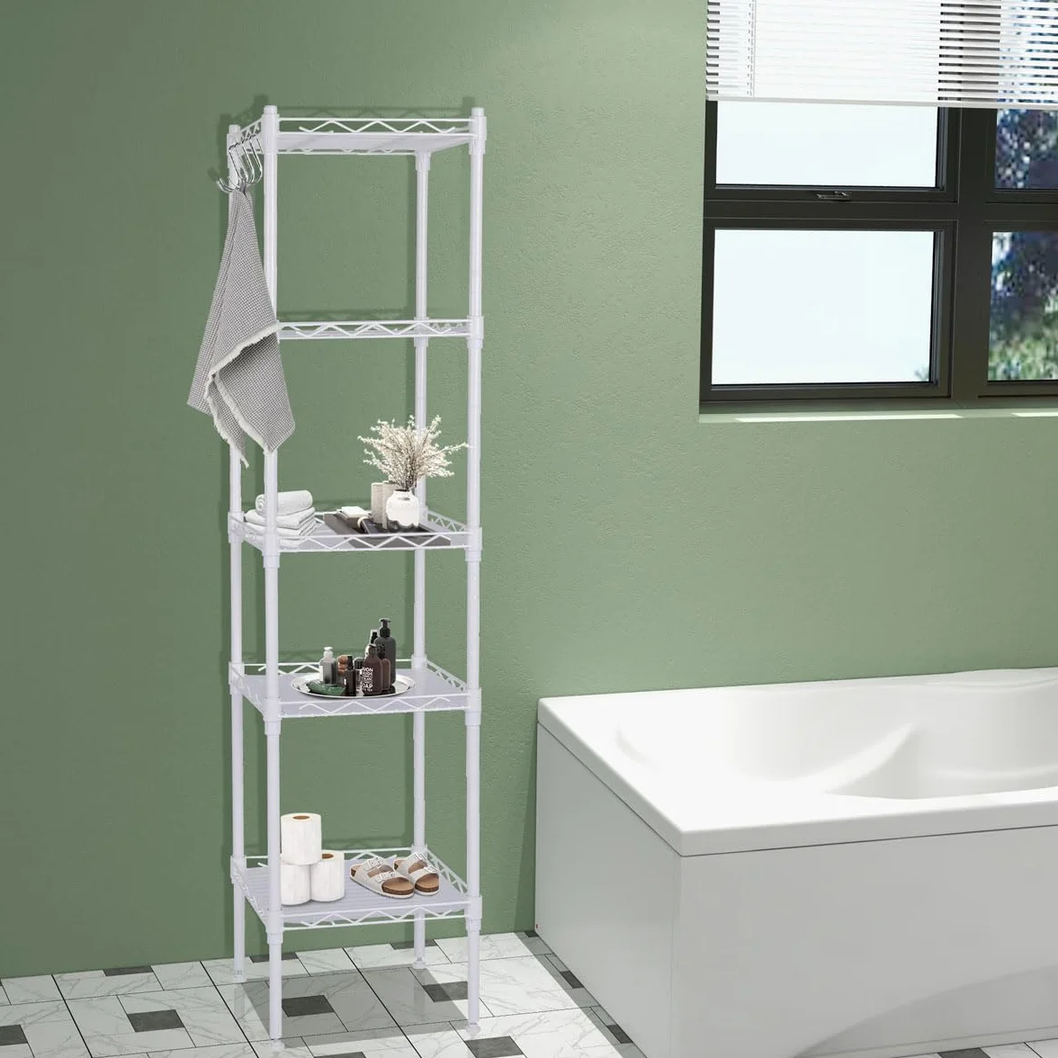 Estantería metálica blanca 5 baldas ajustables con ganchos laterales | 145x30x30cm | Estante almacenamiento resistente para cocina, despensa, baño, garaje u oficina | Montaje fácil sin tornillos
