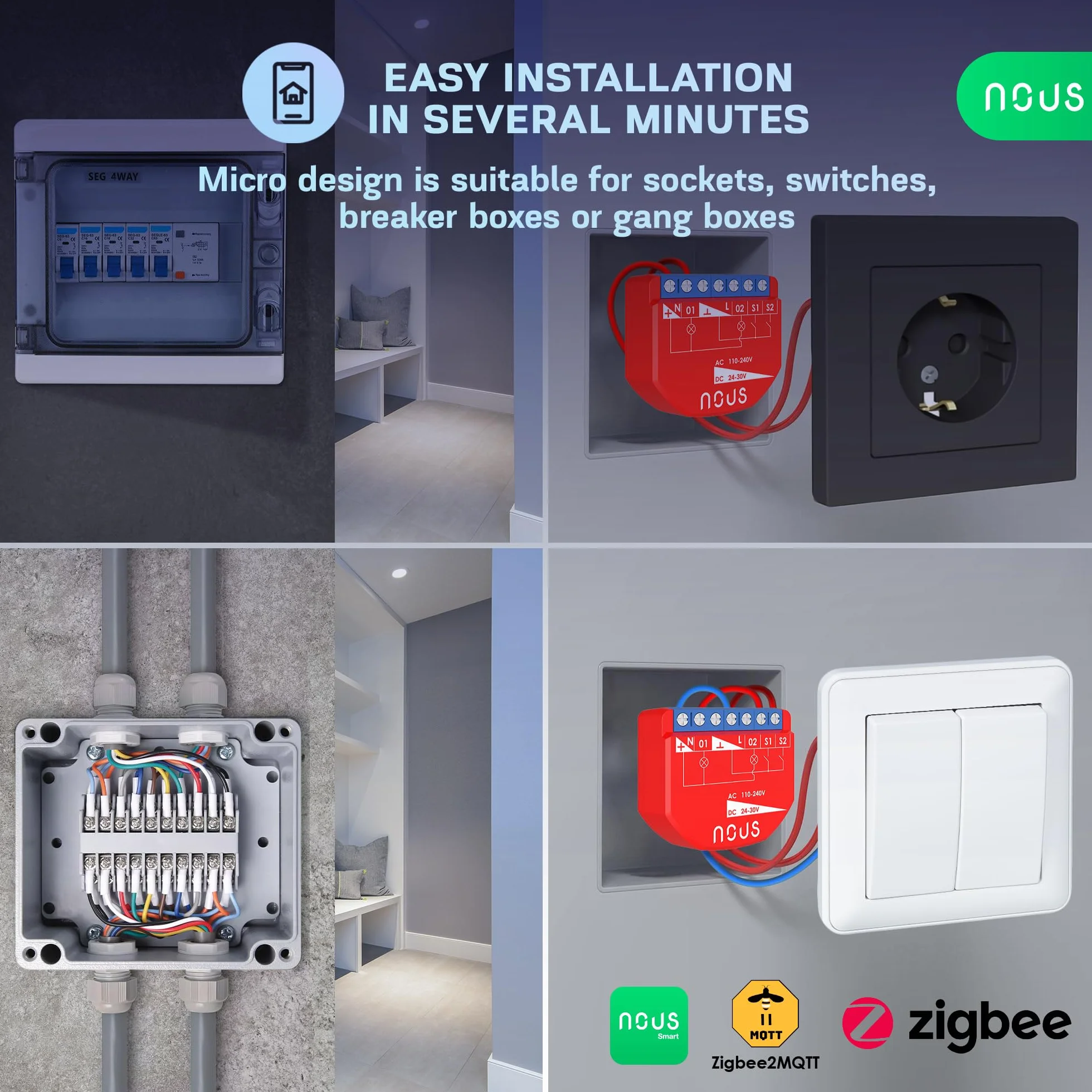 NOUS Módulo de Interruptor Inteligente ZigBee con Medición de Potencia, 2 Canales, AC 16A/DC 10A, Contactos Secos, Compatible con Alexa, Zigbee2MQTT, Google Assistant, Home Assistant, Tuya