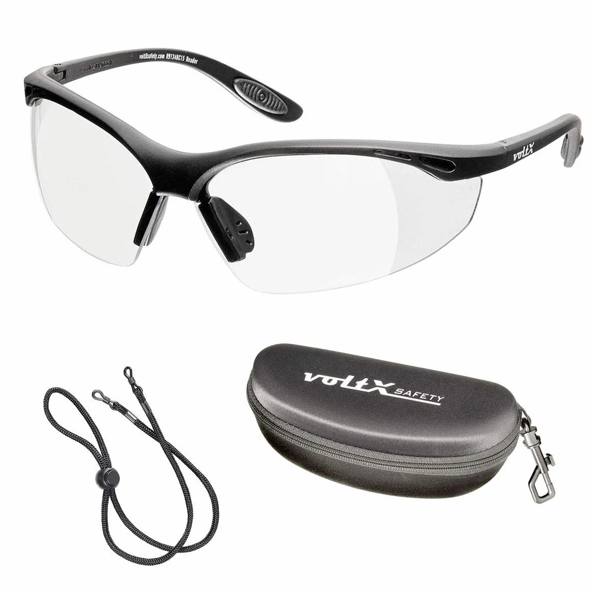 voltX 'Constructor' (TRANSPARENTES dioptría +2,00) Gafas de Seguridad con aumento total de lente (no bifocal), incluye cordón con tope regulable y funda rígida + Lente UV400 con recubrimiento antivaho