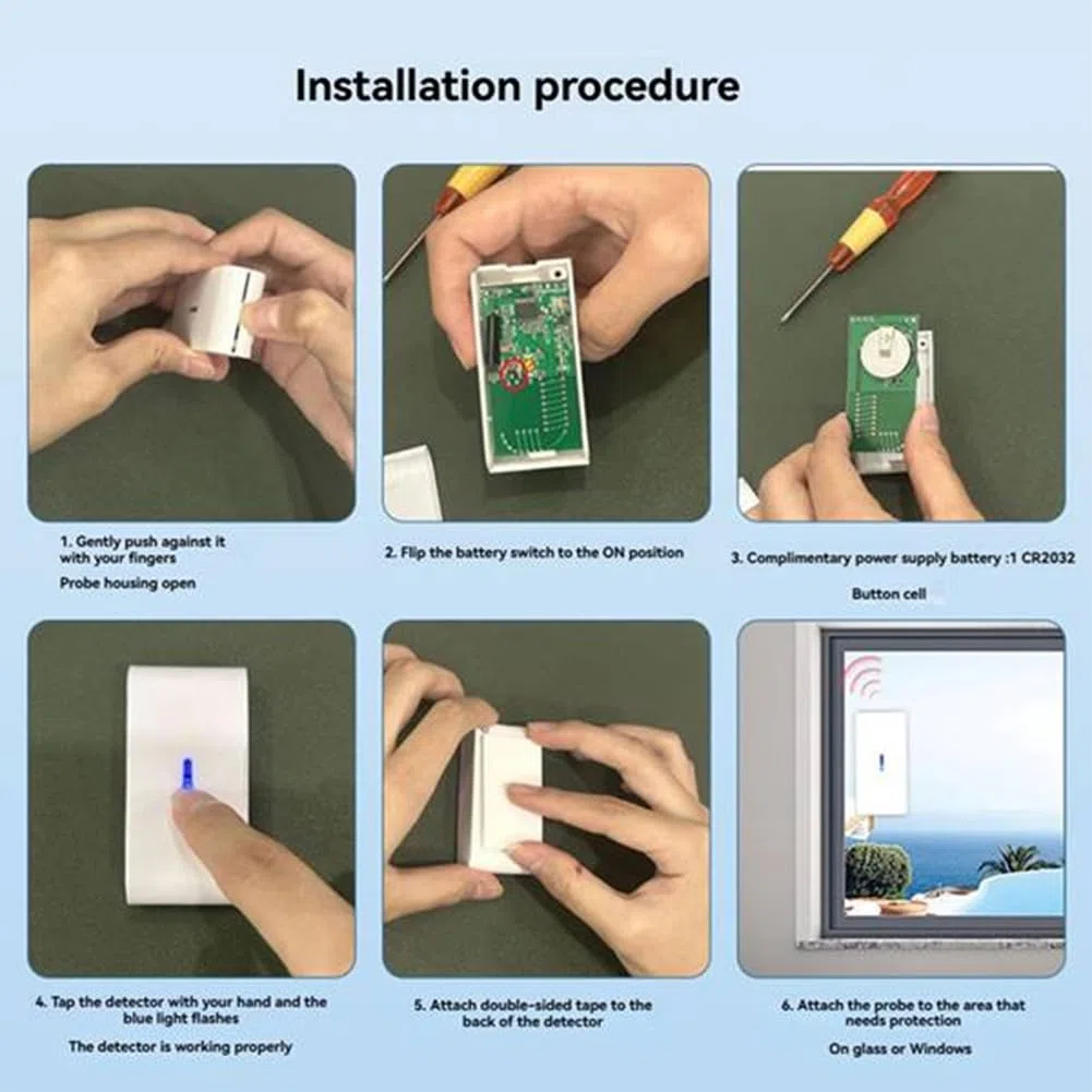 Detector de Rotura de Cristales por Vibración Inalámbrico de 433 MHz, 5 Unidades, Sensibilidad Ajustable, Compatible con Sistemas de Alarma.