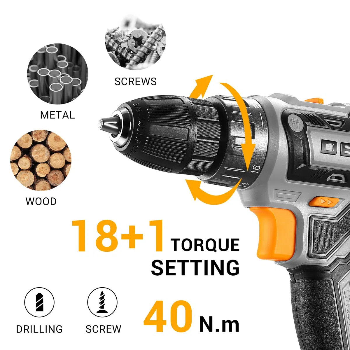 Taladro Atornillador Inalámbrico 20V, DEKOPRO Taladro Atornillador Bateria con 2 Baterías de 2,0 Ah y Cargador, 40 Nm, 2 Velocidad y LED, Adecuado para Bricolaje en Casa y Jardín,Gris