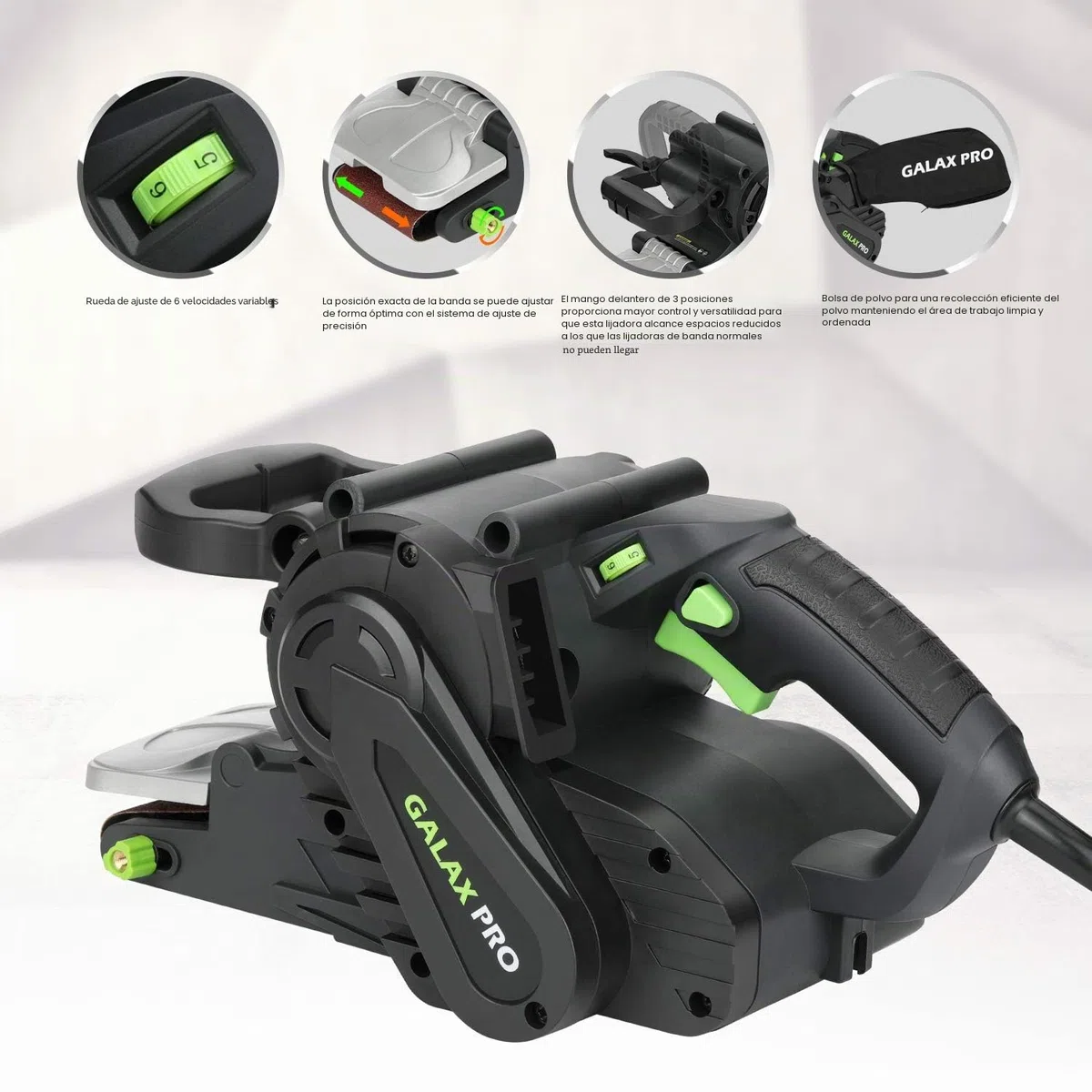 GALAX PRO Lijadora de banda con control de velocidad y conexión para aspiradora, incluye bolsa para el polvo y cinta abrasiva, lijadora de 1010W con superficie de lijado de 533 mmx76 mm