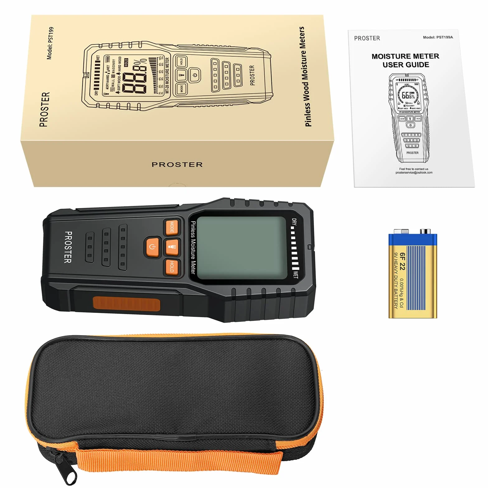 Proster Medidor de Humedad con Batería y Pantalla LCD Medidor de Humedad de Madera Sin Pin con Botón HOLD, Alarma,Función de Apagado Automático Detector de Humedad para Paredes de Yeso y Madera,etc