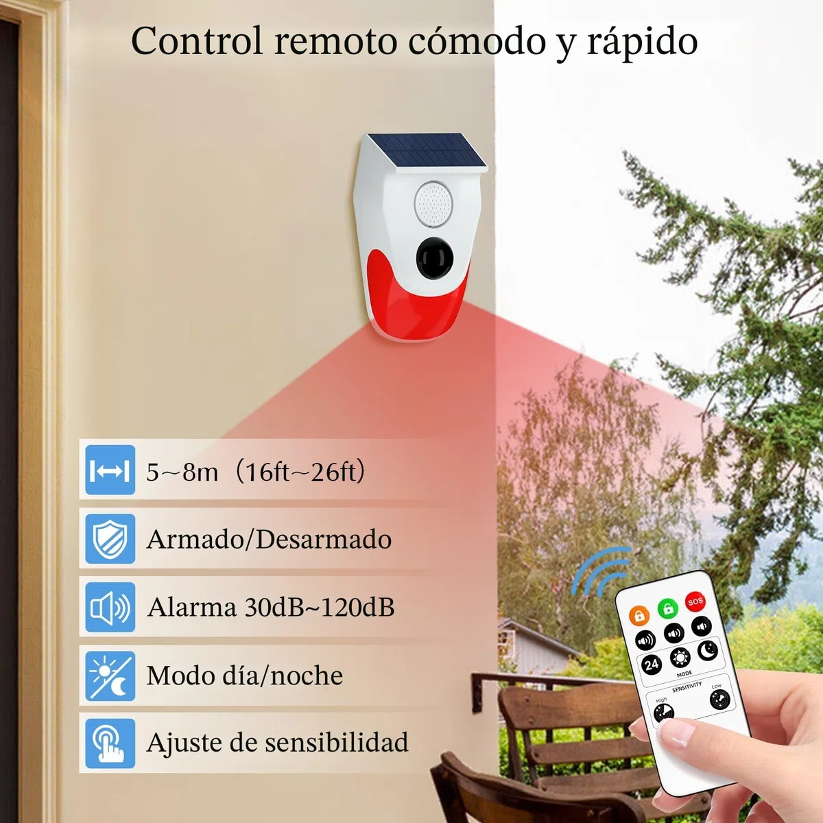 Sistemas de Seguridad para el hogar, Alarma Solar con Sensor de Movimiento con monitoreo Remoto, Alarma de casa Exterior Resistente a la Intemperie, 120 dB, 24 Horas, 3 Modos, 2 Piezas
