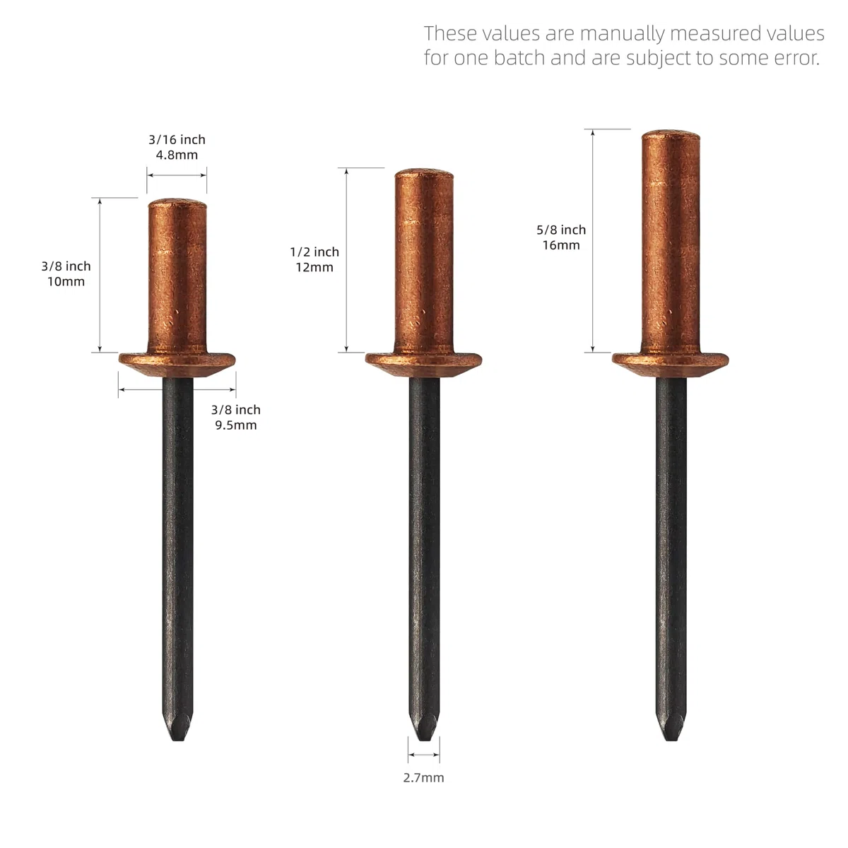 Kit de 60 remaches ciegos Pop impermeables con punta cerrada – 3 tamaños: Ø4,8 x 10/12/16 mm (20 por tamaño) – Cabeza abombada de cobre, portabrocas de acero