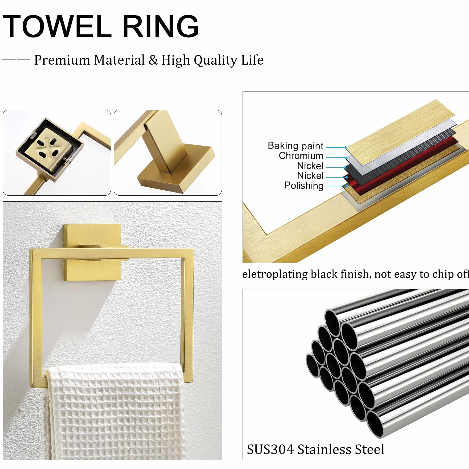 TURS Soporte de papel higiénico para montaje en pared, acabado de latón cepillado para baño y cocina, impermeable y resistente al óxido