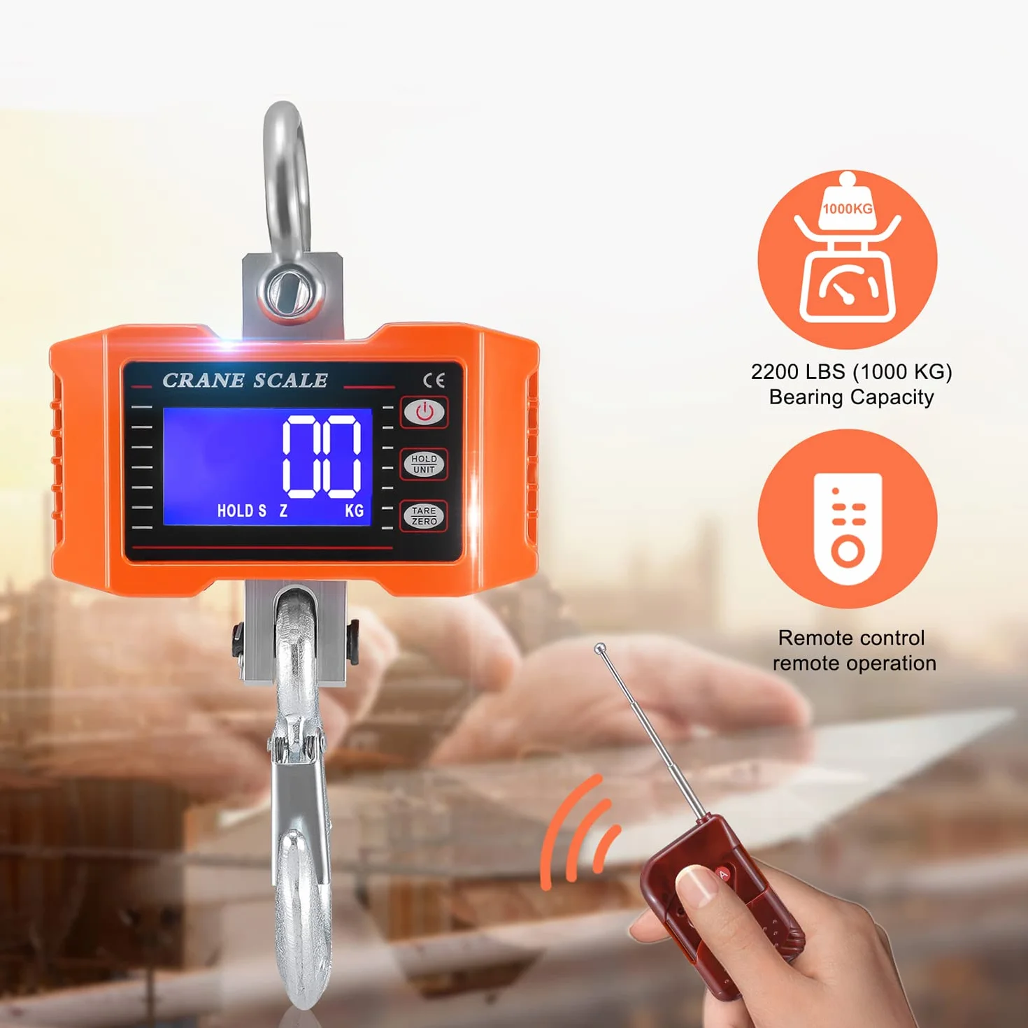 Báscula colgante con mando a distancia 1000kg 2200 lbs, Báscula digital industrial para grúa de servicio pesado con sensor de muelle de carga precisa y pantalla LCD Crane Scale Báscula de gancho