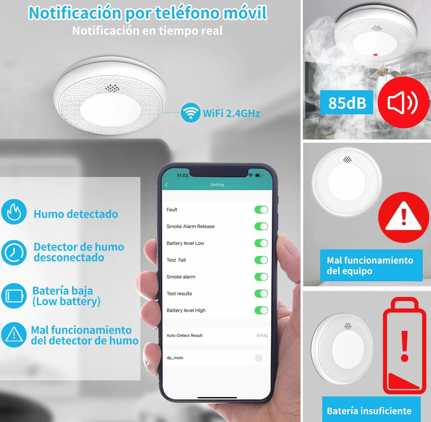 Detector de Humo Inteligente Wi-Fi, batería 10 años, EN 14604, 1 Pieza, App Tuya/Smart Life