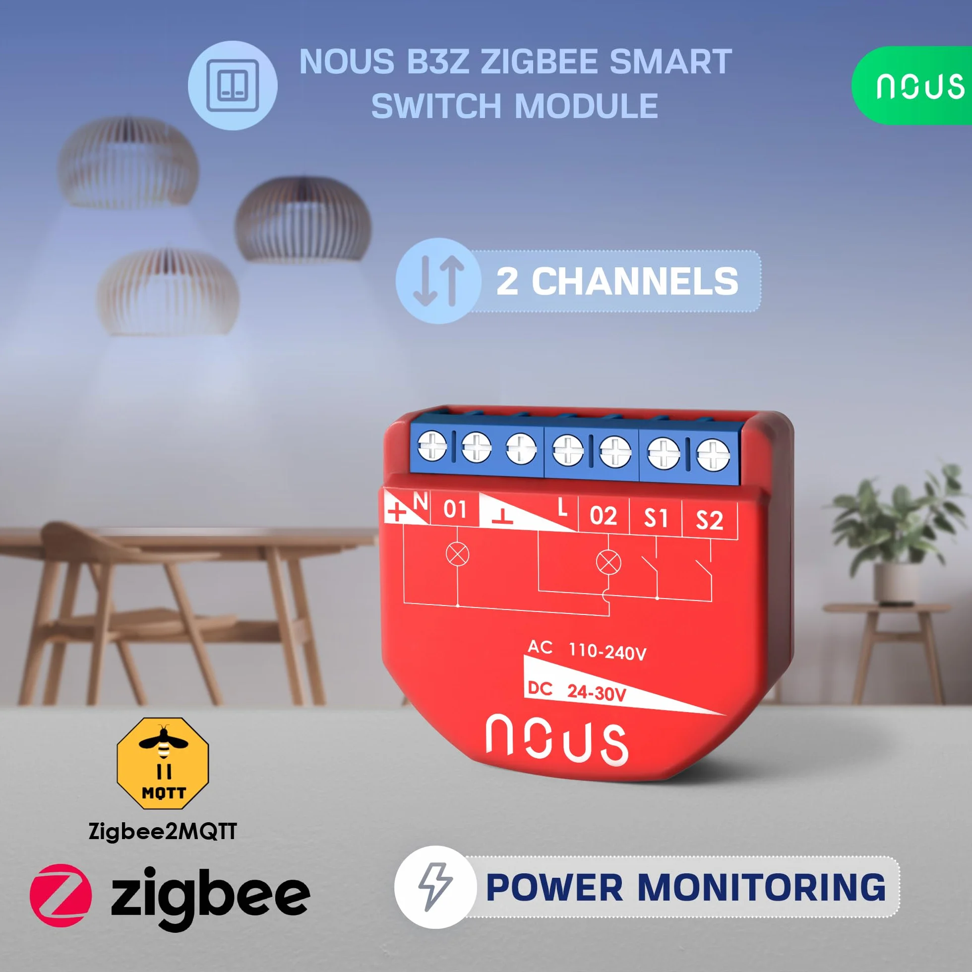 NOUS Módulo de Interruptor Inteligente ZigBee con Medición de Potencia, 2 Canales, AC 16A/DC 10A, Contactos Secos, Compatible con Alexa, Zigbee2MQTT, Google Assistant, Home Assistant, Tuya