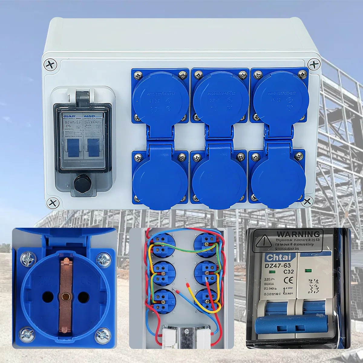Distribuidor de Corriente para Construcción 250V, Distribuidor de Corriente de Pared 16A con Disyuntor, 6 Tomas, IP54 Estanco, Distribuidor de Energía Consumida para Talleres y Fábricas