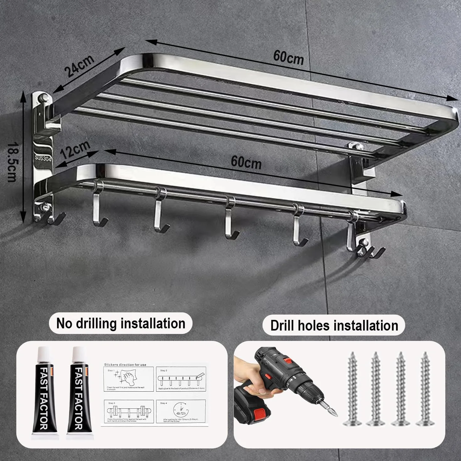 Soporte Toallero Baño Sin Taladro Acero Inoxidable Adhesivo Kit