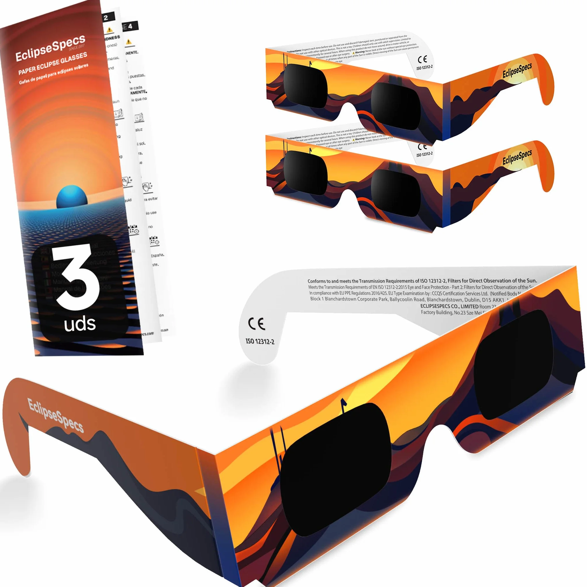 Gafas Eclipse Solar Homologadas ISO 12312-2 Certificación CE - 3 Paquete