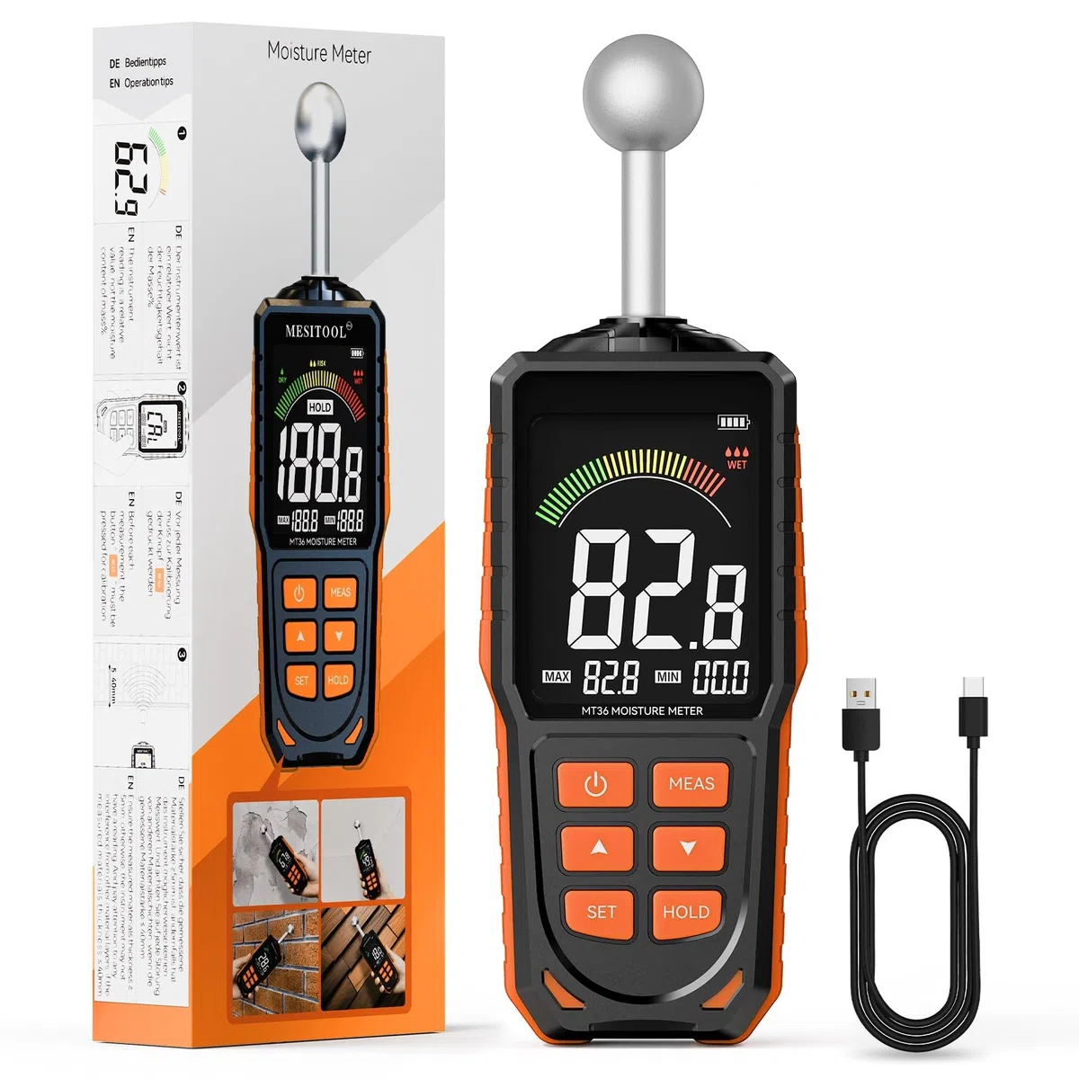Medidor de Humedad para Pared y Madera, Sin Pines Profesional Detector de Humedad No Destructivo con Sonda Esférica Escaneo Profundo 40 mm, Alarma Sonora para Hormigón, Casa y Autocaravanas