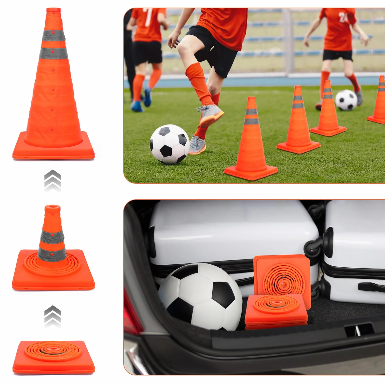 TAOPE Conos de Seguridad Vial Plegables 45cm con Collar Reflectante Naranja 4 PCS