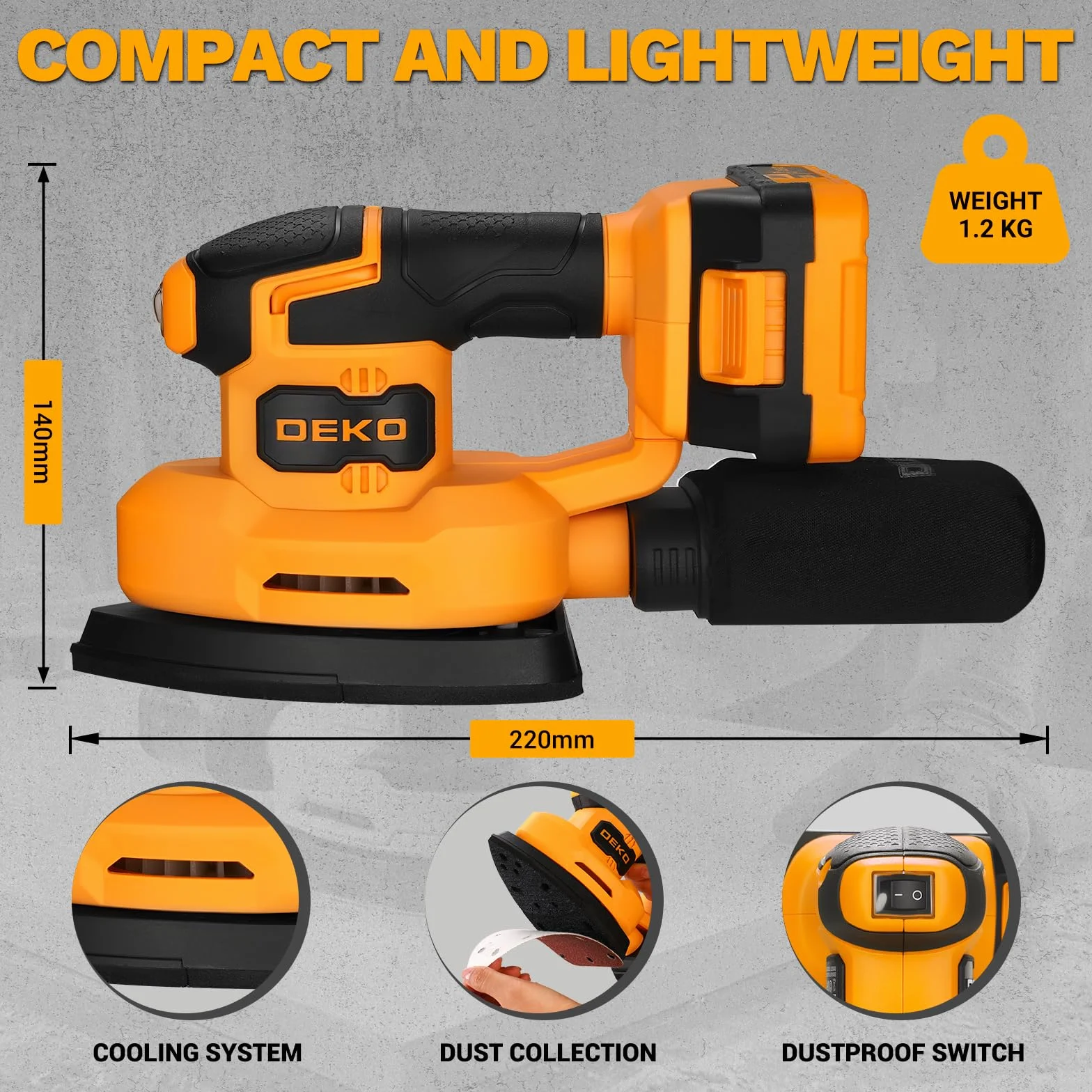 DEKOPRO 20V Lijadora Madera, Alimentada por Batería, 13000 RPM, Incluye 3 Accesorios Adicionales y 12 Hojas de Lija, Lijadora Madera Incluye Batería de 2,0 Ah y Cargador, Amarillo y Negro