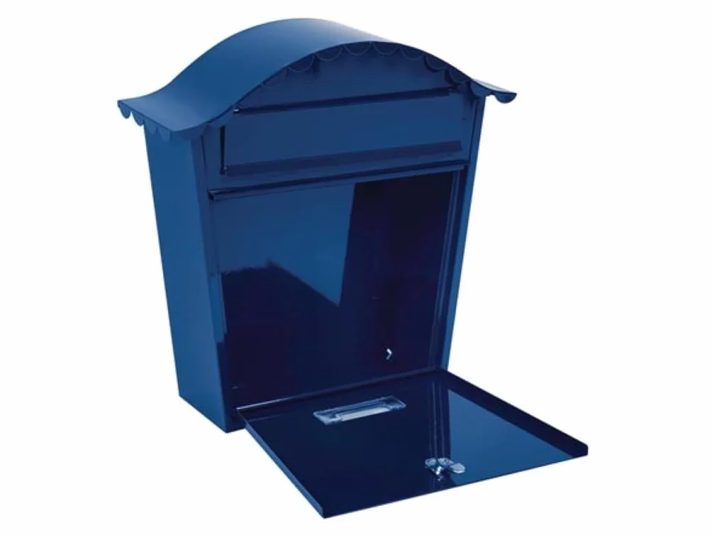 Perel buzón Exterior Paris Azul de Pared con Placa de Nombre y Cerradura, buzón de Acero galvanizado con 2 Llaves y Accesorios de Montaje, Techo Redondeado, Resistente a la Intemperie