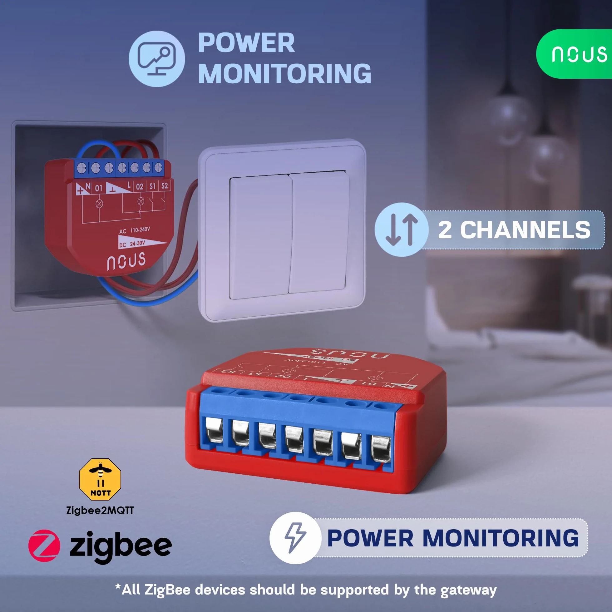 NOUS Módulo de Interruptor Inteligente ZigBee con Medición de Potencia, 2 Canales, AC 16A/DC 10A, Contactos Secos, Compatible con Alexa, Zigbee2MQTT, Google Assistant, Home Assistant, Tuya