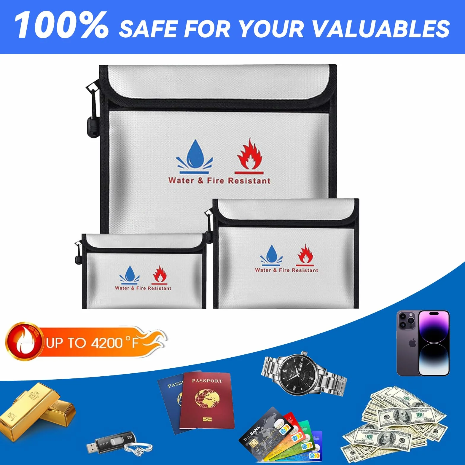 Bolsa de archivo ignífugo de 3 piezas,material de fibra de vidrio de doble capa - bolsa de almacenamiento de seguridad ignífuga e impermeable para proteger objetos de valor, pasaportes, documentos