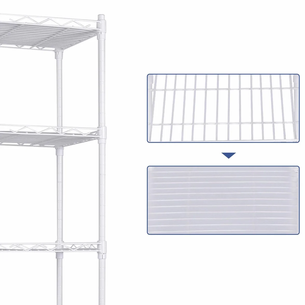 Estantería metálica blanca 5 baldas ajustables con ganchos laterales | 145x30x30cm | Estante almacenamiento resistente para cocina, despensa, baño, garaje u oficina | Montaje fácil sin tornillos