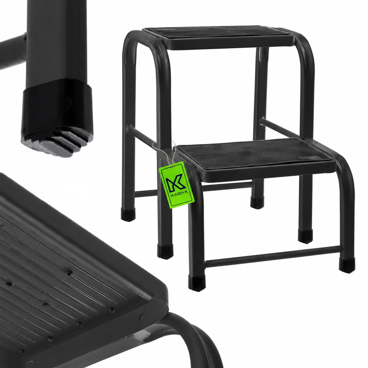 KADAX Taburete de acero, escalera doméstica de hasta 150 kg, taburete de transporte con patas antideslizantes, escalera doméstica, taburete de aluminio (2 niveles)