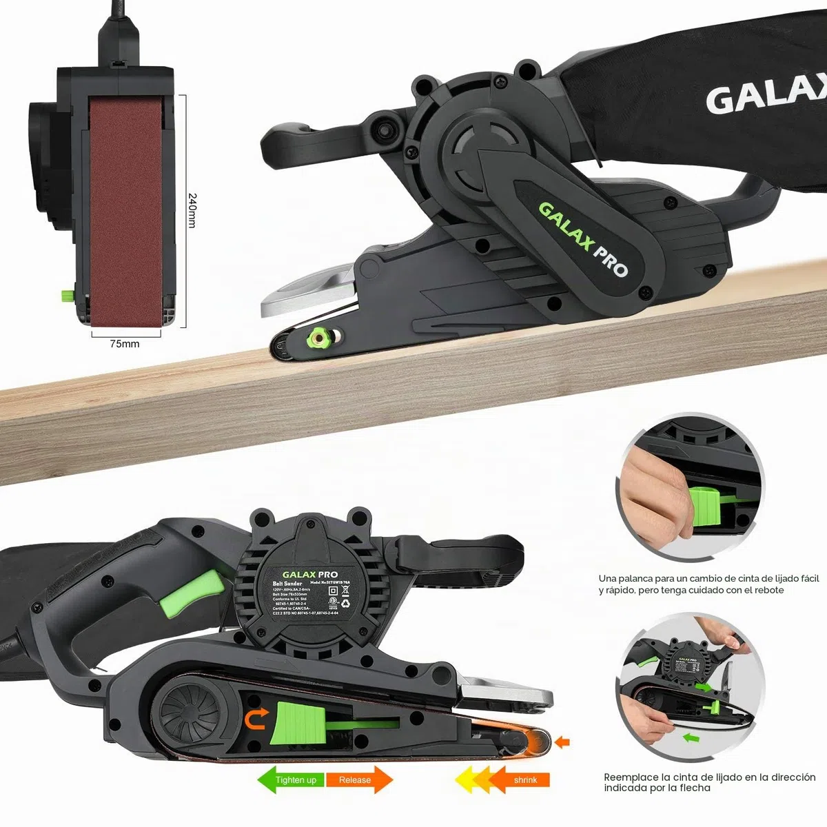 GALAX PRO Lijadora de banda con control de velocidad y conexión para aspiradora, incluye bolsa para el polvo y cinta abrasiva, lijadora de 1010W con superficie de lijado de 533 mmx76 mm