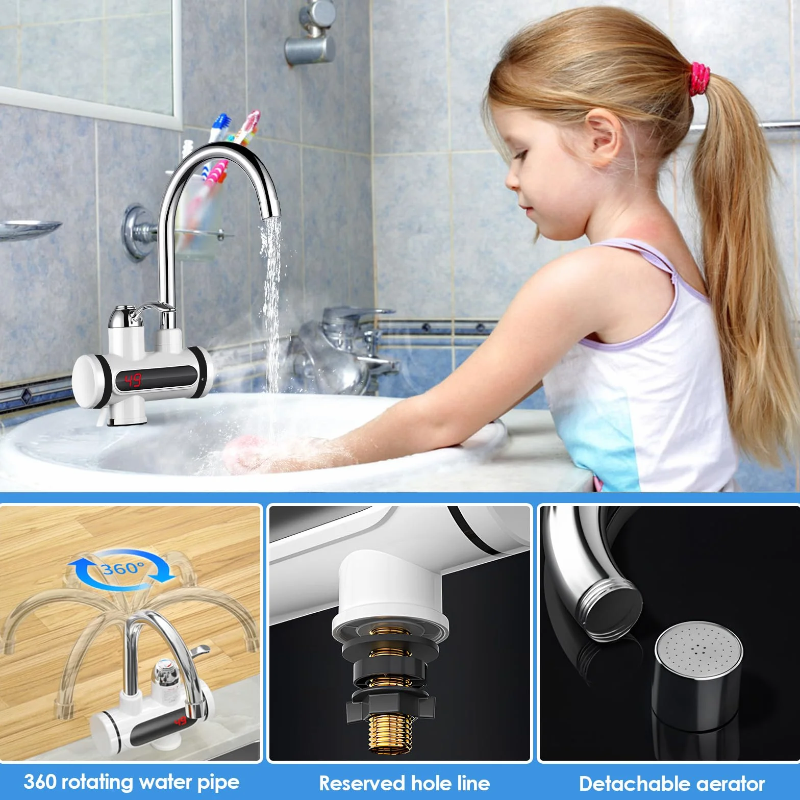 Grifo instantáneo de 220 V, 3000 W, calentador de agua eléctrico, grifo rápido con pantalla digital LED, cocina, baño, acero inoxidable, grifo eléctrico