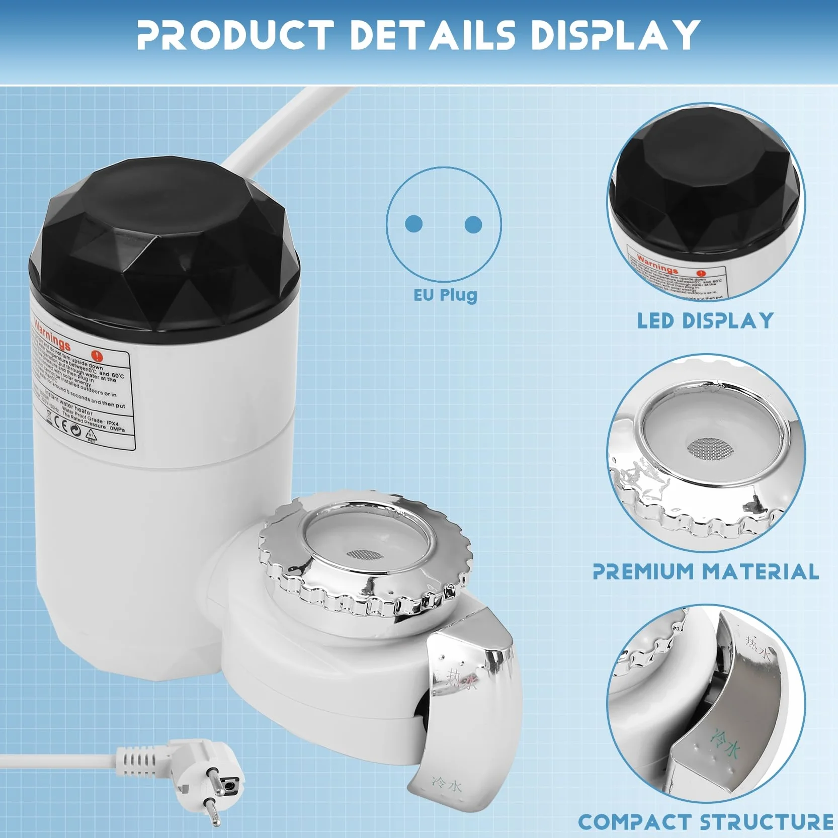 Calentador de Agua Eléctrico con Pantalla de Temperatura para Cocina, Calentamiento Instantáneo Sin Tanque, Enchufe UE