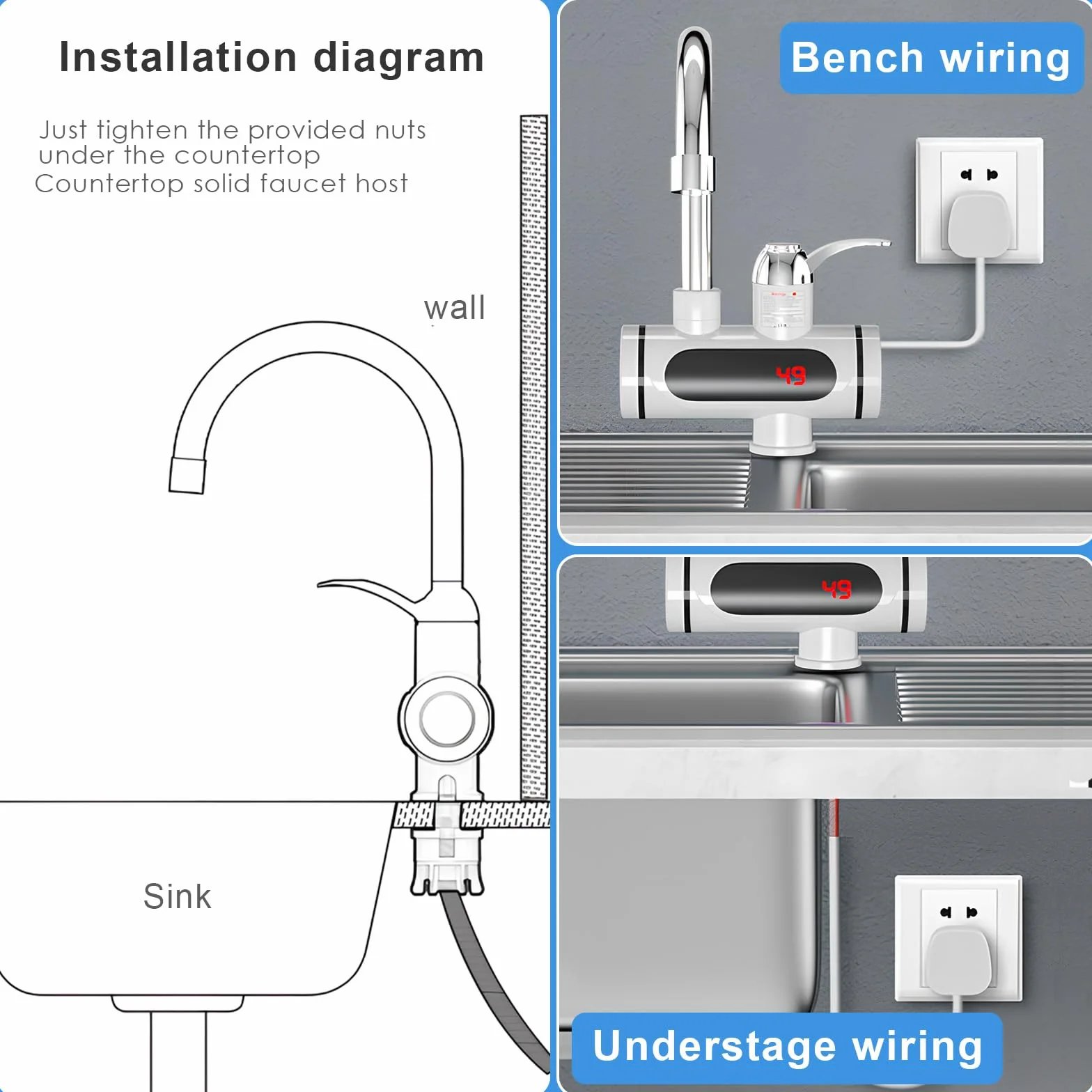 Grifo instantáneo de 220 V, 3000 W, calentador de agua eléctrico, grifo rápido con pantalla digital LED, cocina, baño, acero inoxidable, grifo eléctrico