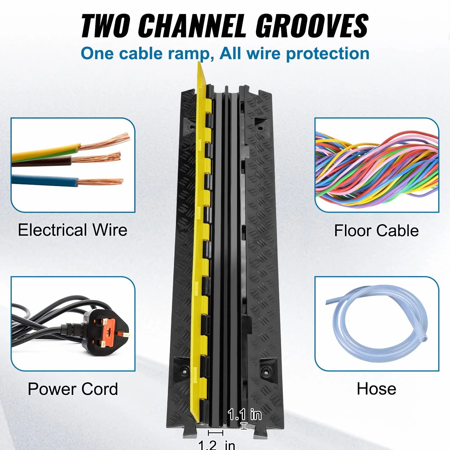 VEVOR Rampa de Protección de Cable 1 Pieza 2 Vías Canaleta Pasacables de Suelo 3,05 x 2,79 cm Protector de Cables de TPU y TPR Carga de 10,000 kg/Eje Cubiertas de Suelo para Cables Negro y Amarillo