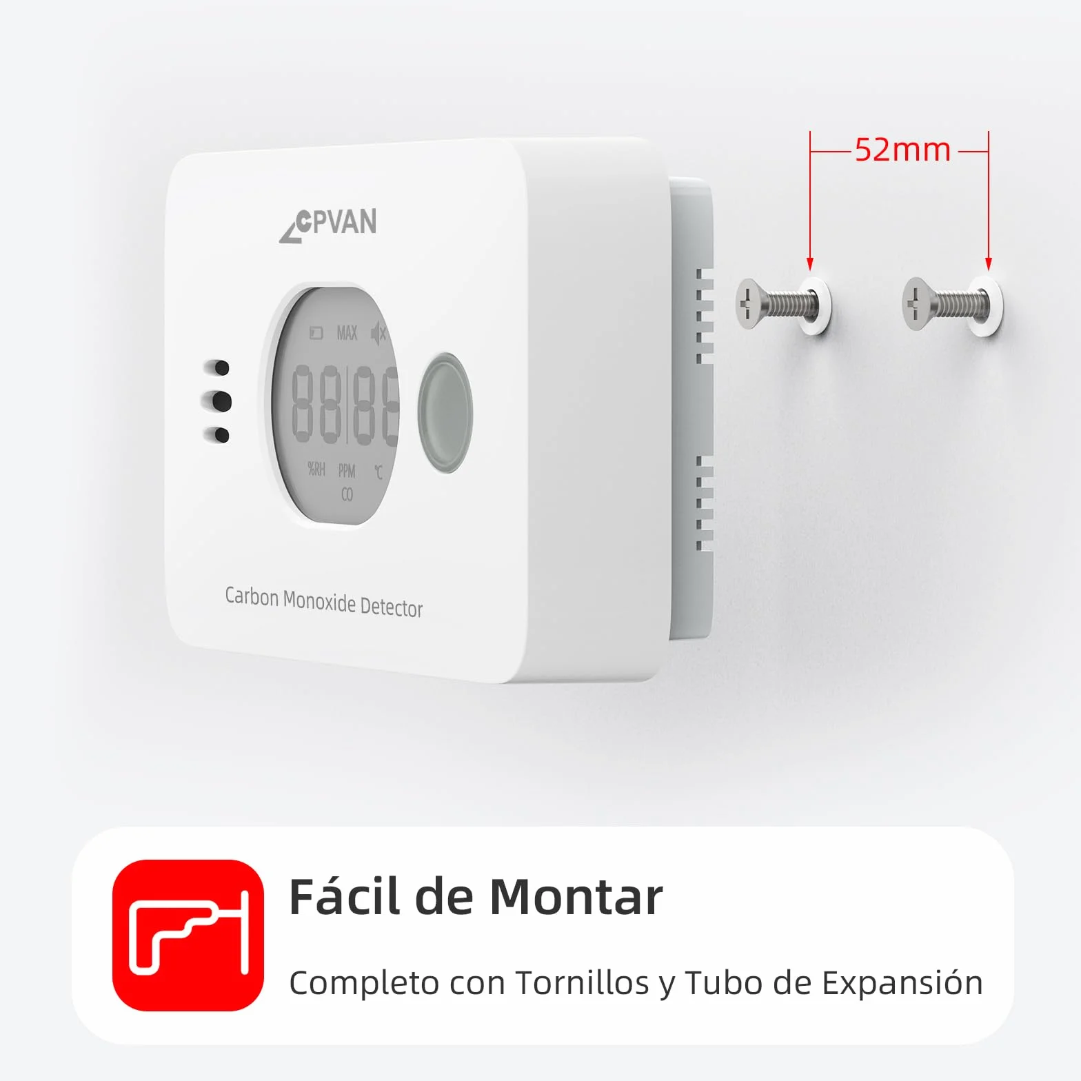CPVAN Detector de Monóxido de Carbono 3 en 1, 10 Años CO Gas Alarma con Batería Reemplazable, Detector de CO con Temperatura y Humedad, Norma Europea EN50291